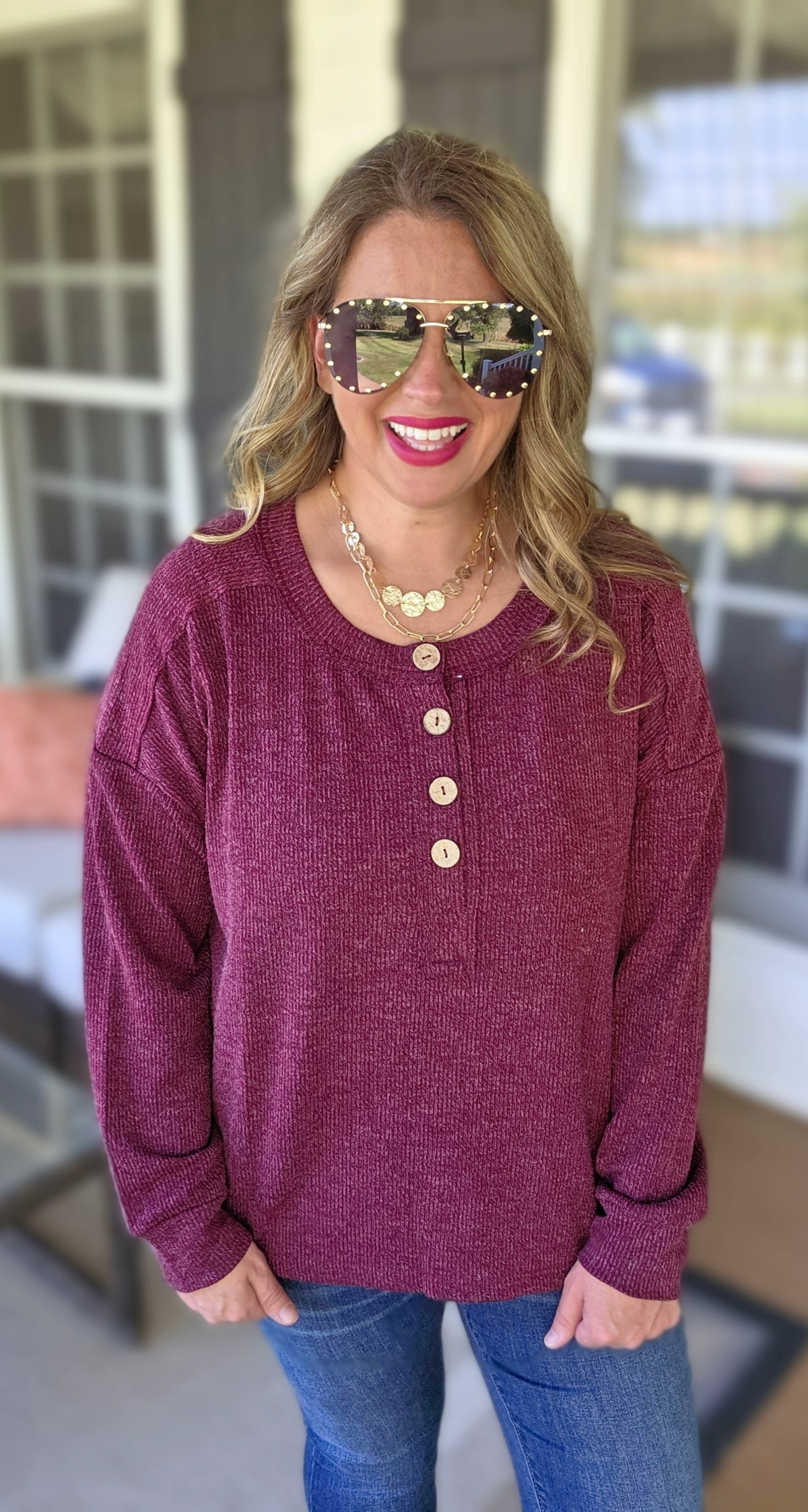 BURGUNDY RIBBED TEXTURED LONG SLEEVE HENLEY KNIT TOP