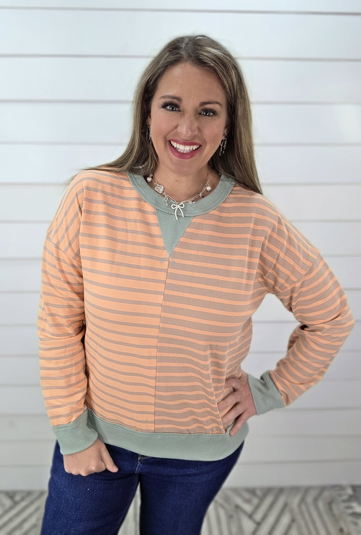 ORANGE/SAGE STRIPED COLORBLOCK CONTRAST FRENCH TERRY TOP