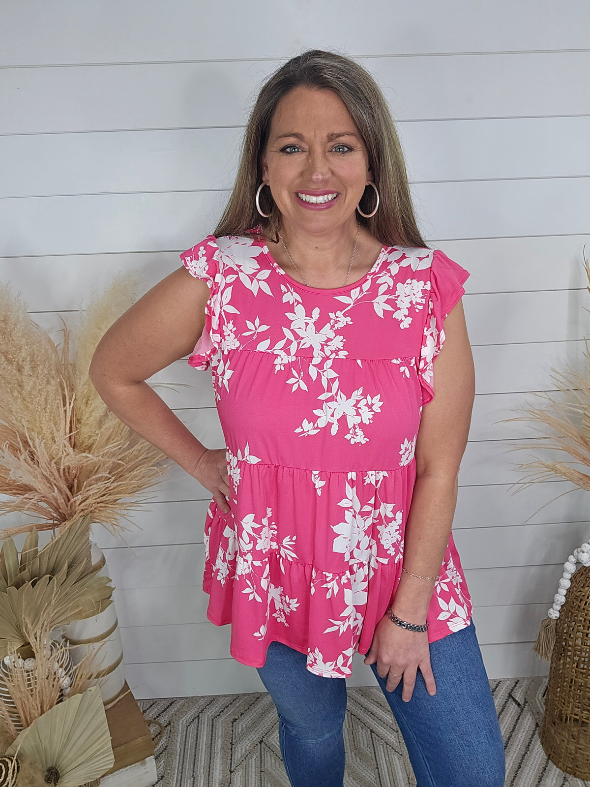 PINK/WHITE FLORAL TIERED TOP