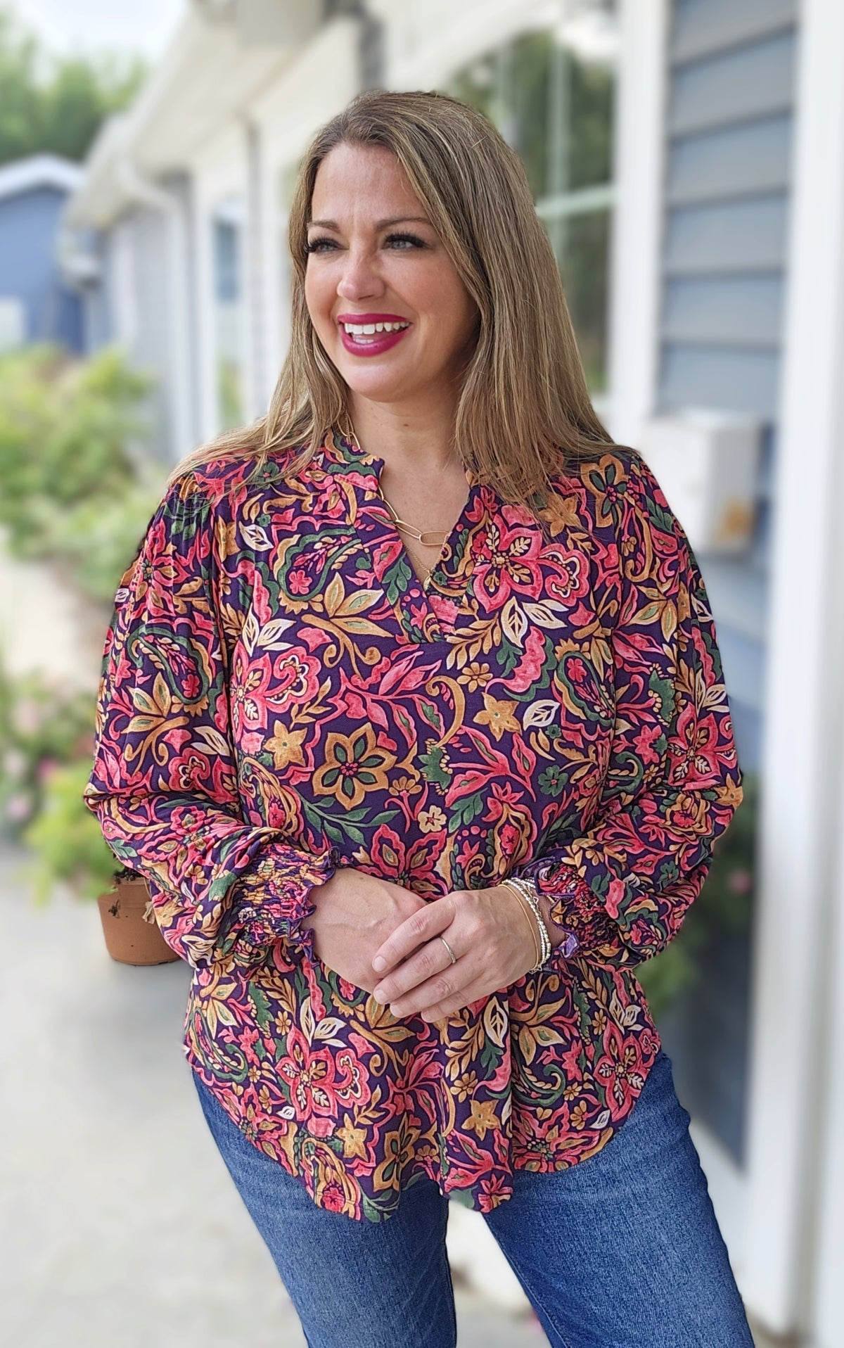 DEAR SCARLETT EGGPLANT FLORAL LONG SLEEVE SMOCKED LIZZY