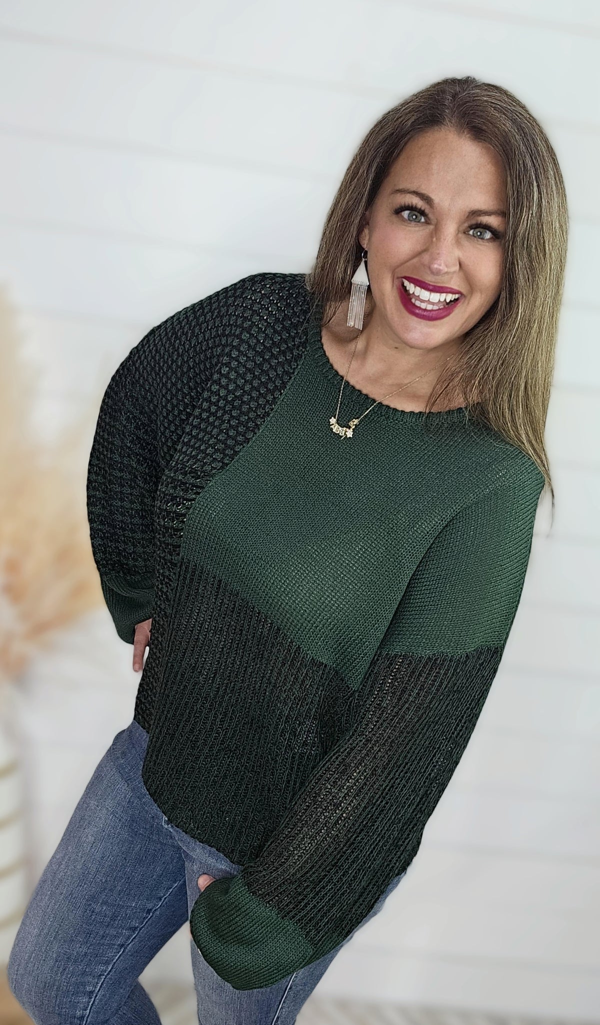 HUNTER GREEN MULTI BLOCK TIE BACK SWEATER