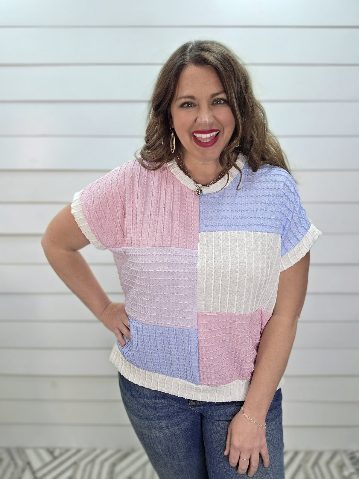 PINK/BLUE/LAVENDER/WHITE TEXTURED BLOCK KNIT TOP