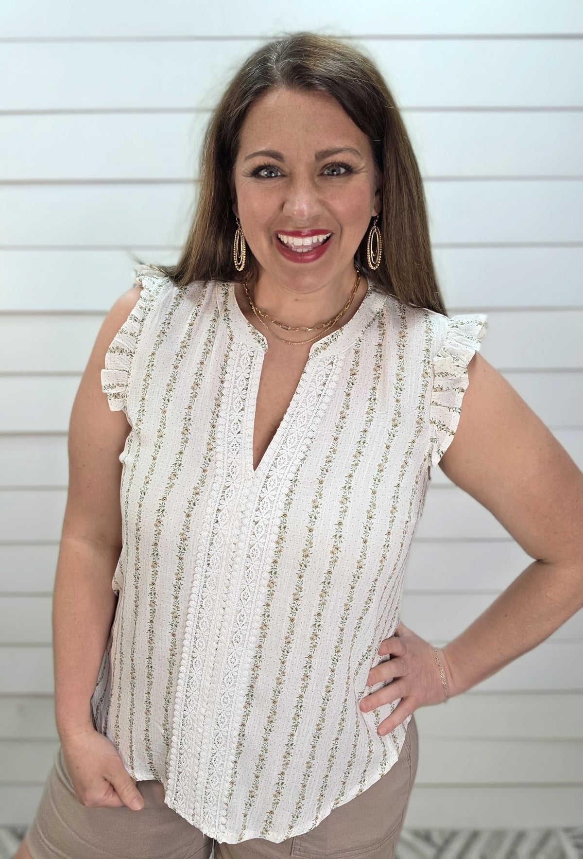 CREAM/KHAKI PETITE FLORAL LACE TRIM WOVEN TOP