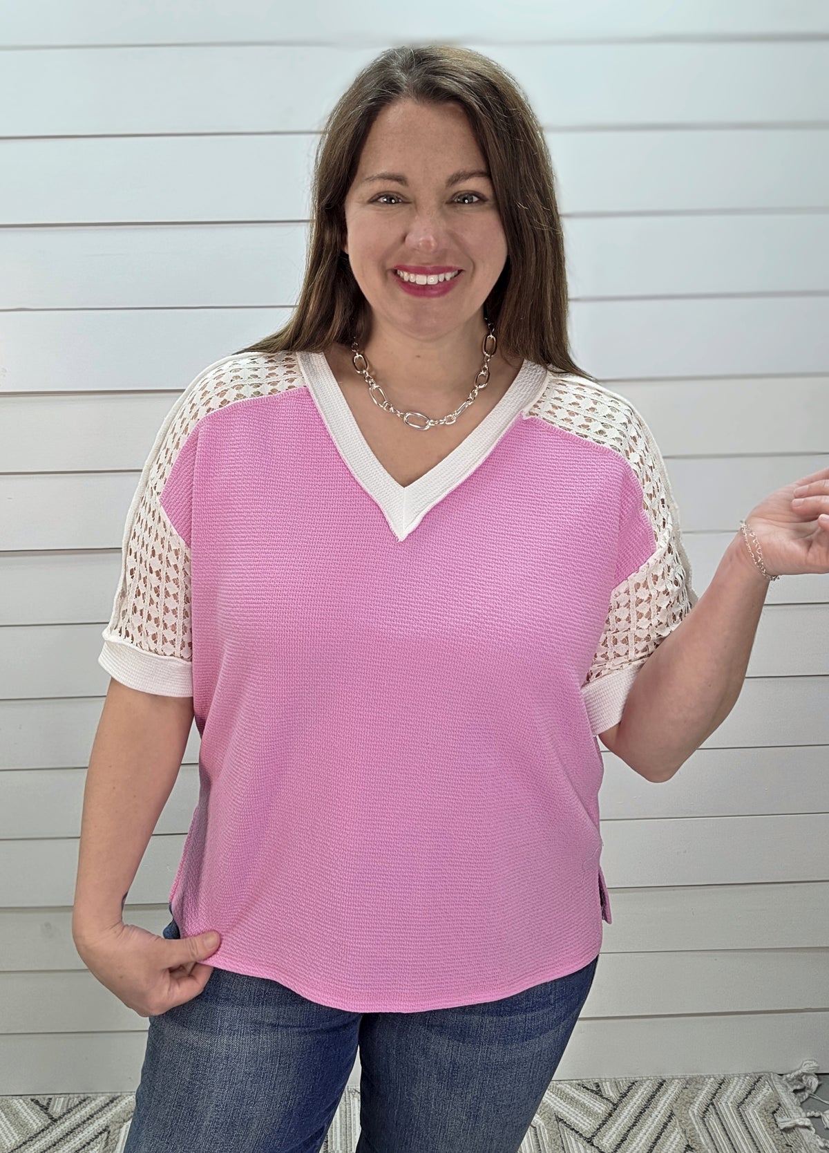 BUBBLE GUM PINK CLOUD FABRIC W/ LACE SLEEVE