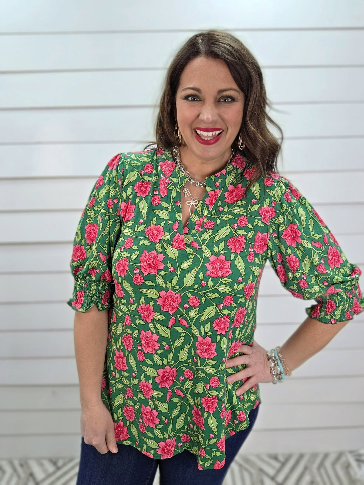 DEAR SCARLETT SMOCKED TOP - KELLY GREEN PINK FLORAL