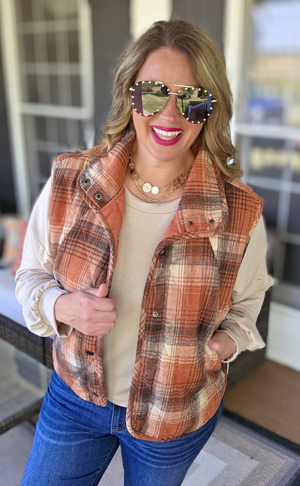 RUST PLAID SNAP BUTTON VEST