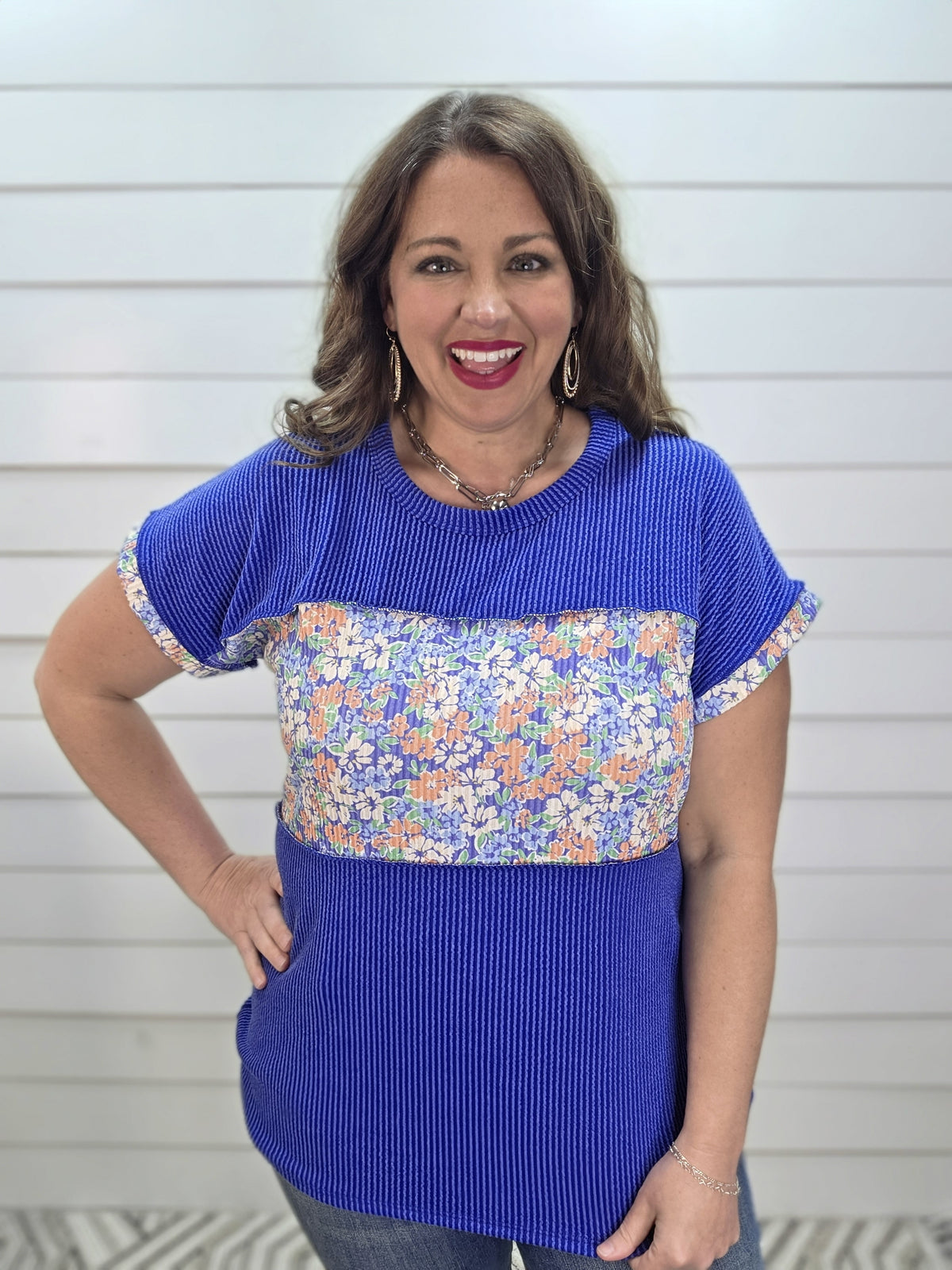 ROYAL BLUE RAISED RIBBED FLORAL CONTRAST KNIT TOP