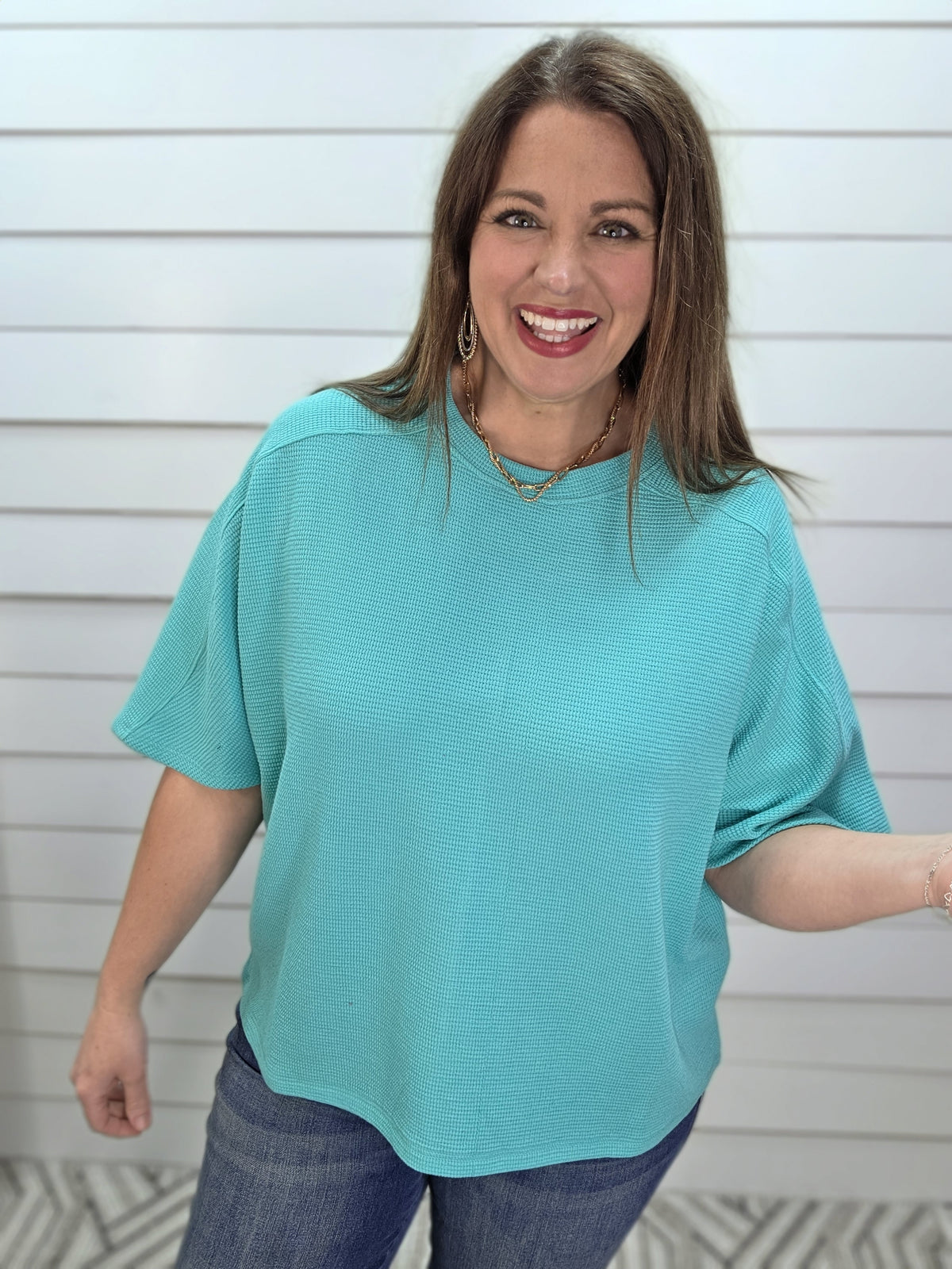 MINT DOUBLE KNIT TEXTURED HALF SLEEVE KNIT TOP