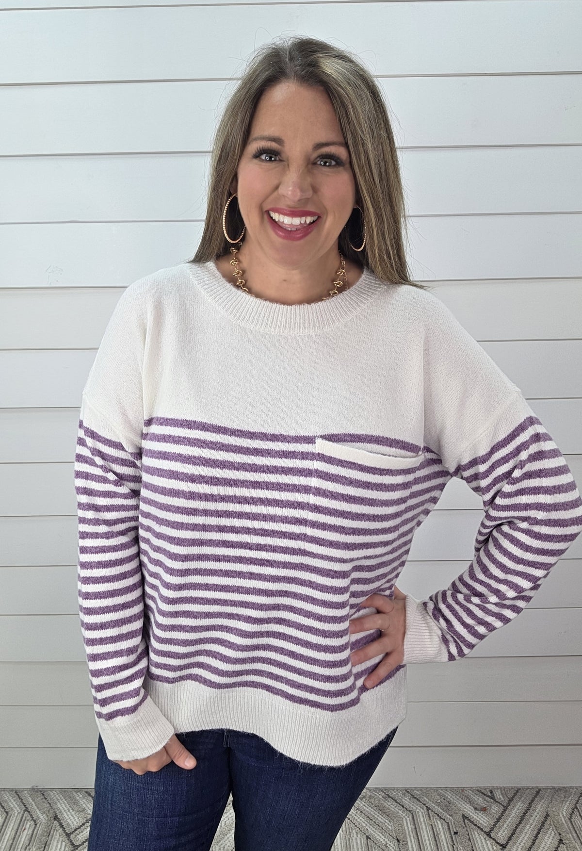 PURPLE STRIPED POCKET KNIT LIGHT WEIGHT SWEATER