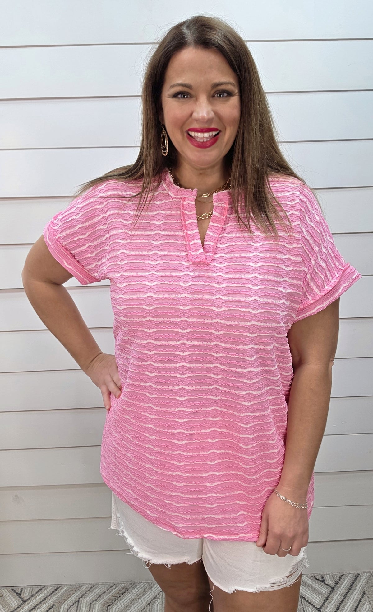 PINK/WHITE STRIPED TEXTURED V NECK KNIT TOP