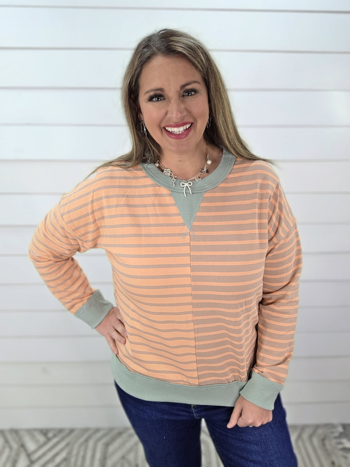 ORANGE/SAGE STRIPED COLORBLOCK CONTRAST FRENCH TERRY TOP