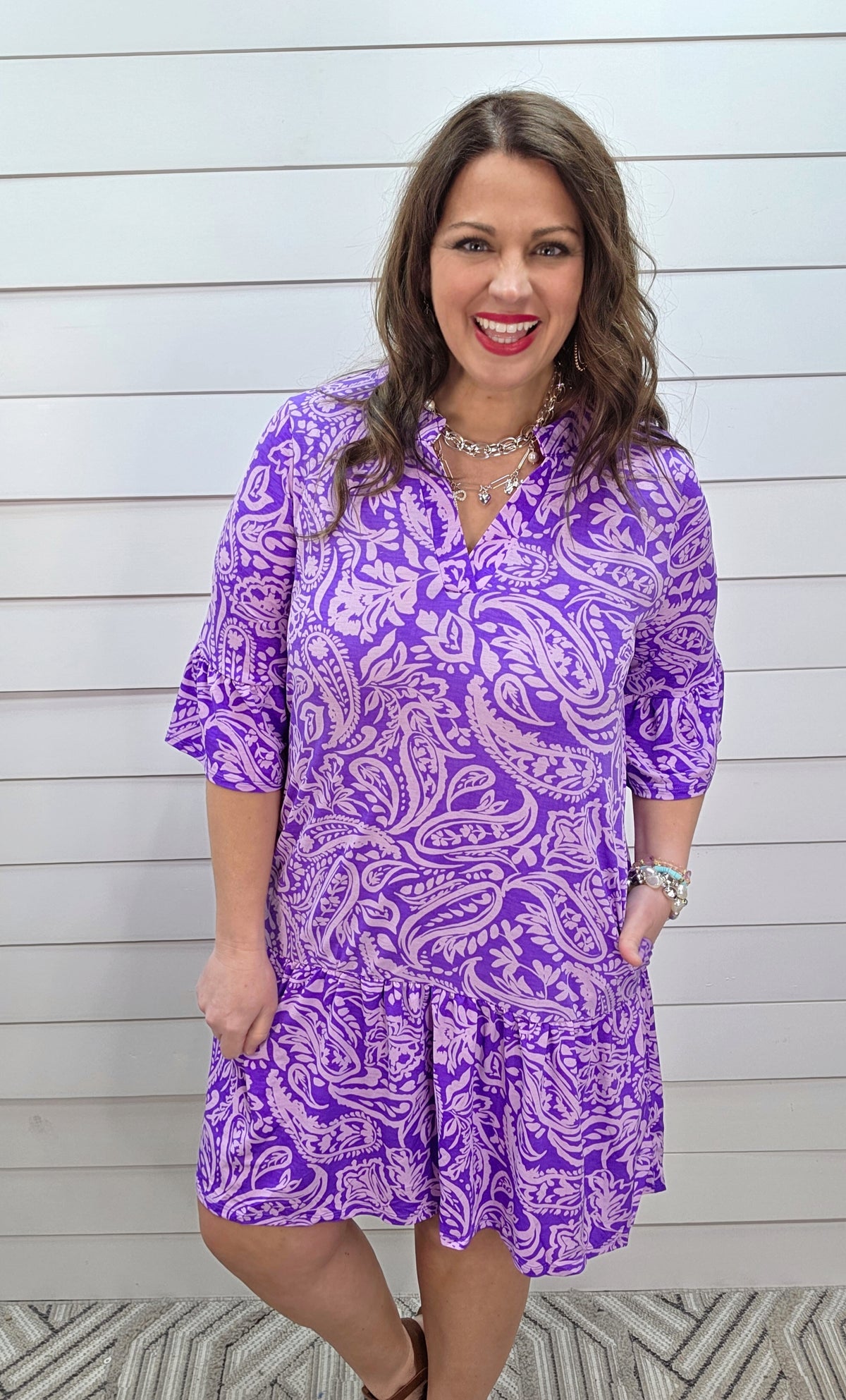 DEAR SCARLETT SUNDAY 3/4 SLEEVE RUFFLE DETAIL DRESS - LILAC/PURPLE PRINT