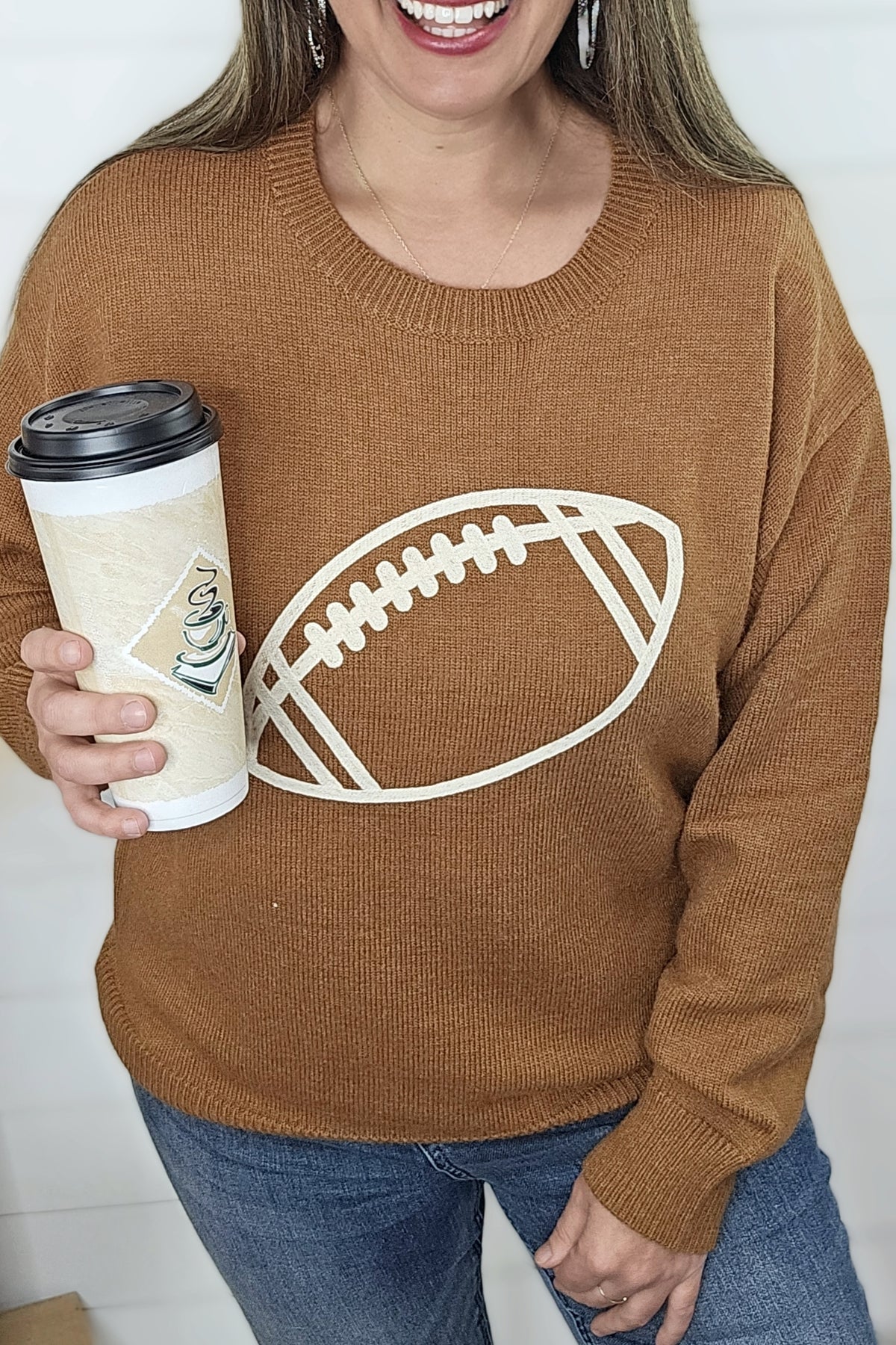 BROWN FOOTBALL EMBROIDERED SWEATER