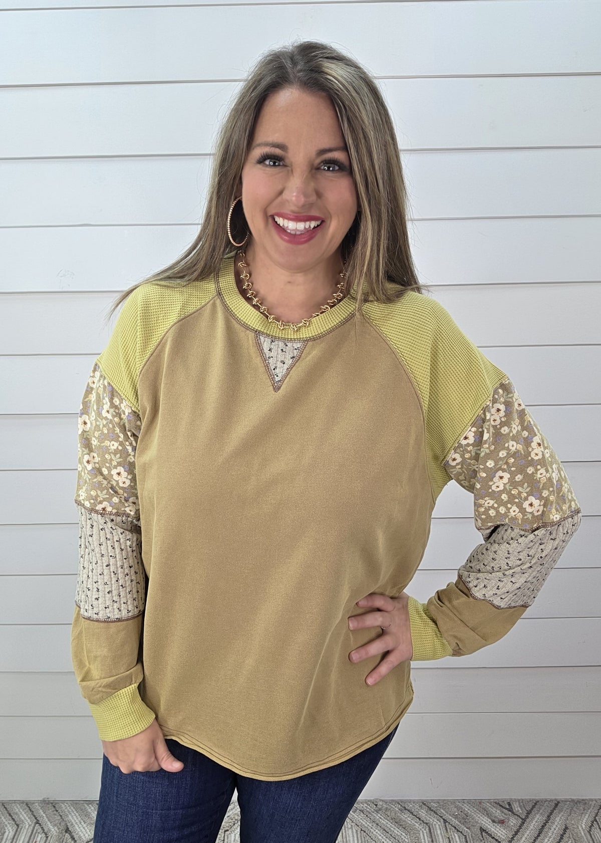 OLIVE PATCHWORK SLEEVE OVERSIZED KNIT TOP