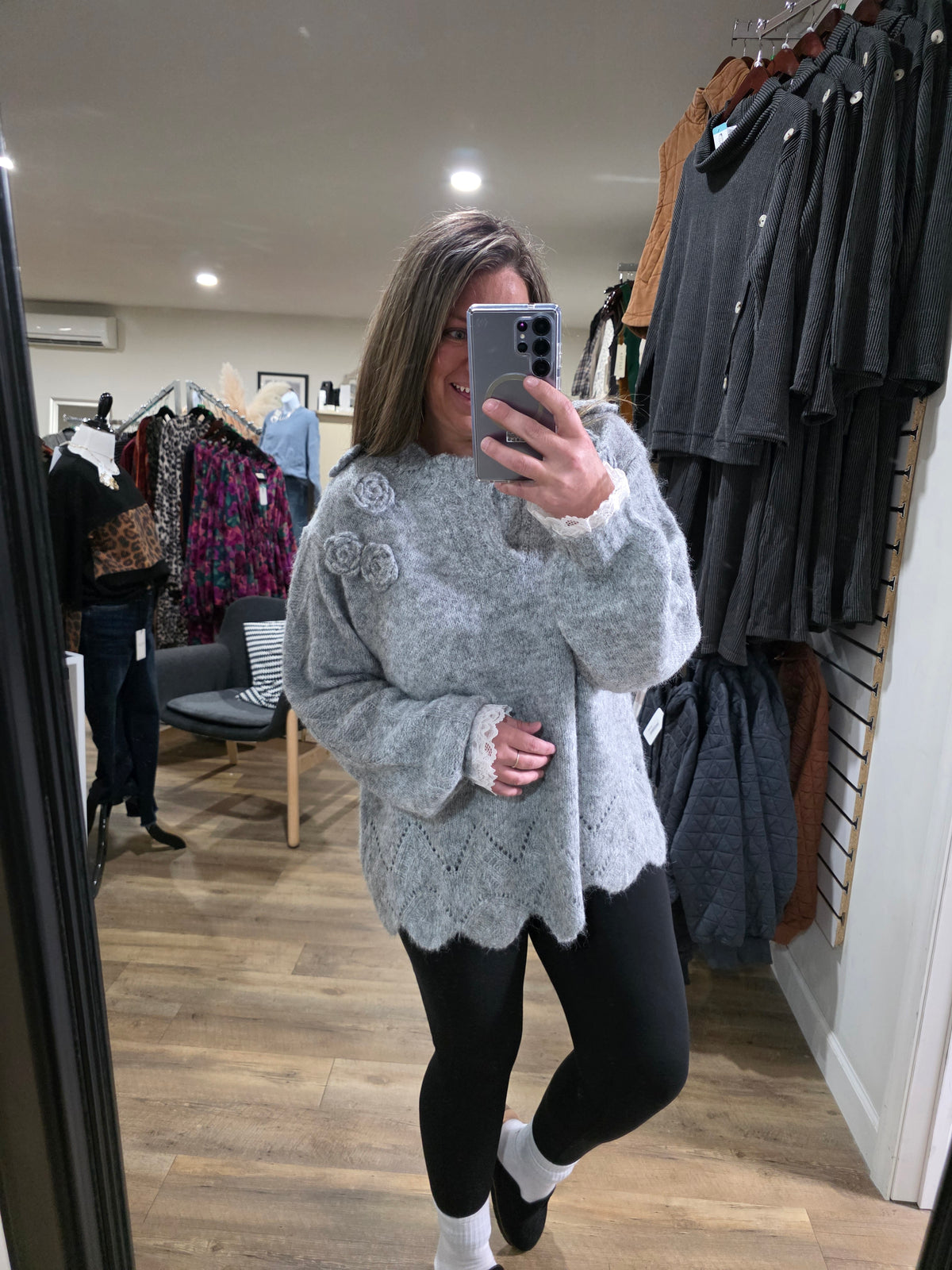 POL HEATHER GREY FLORAL TRIM SWEATER WITH SCALLOPS AND LACE TRIM