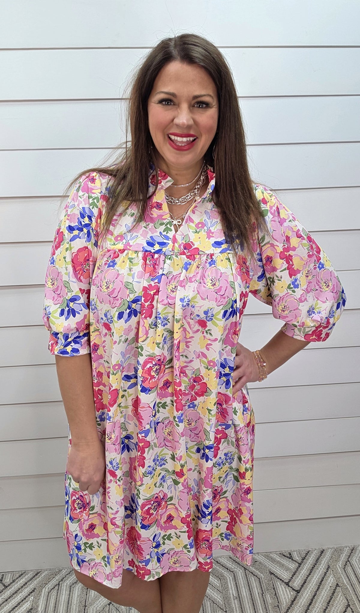 IVORY/PINK/BLUE FLORAL V NECK DRESS W/ FRILL NECKLINE