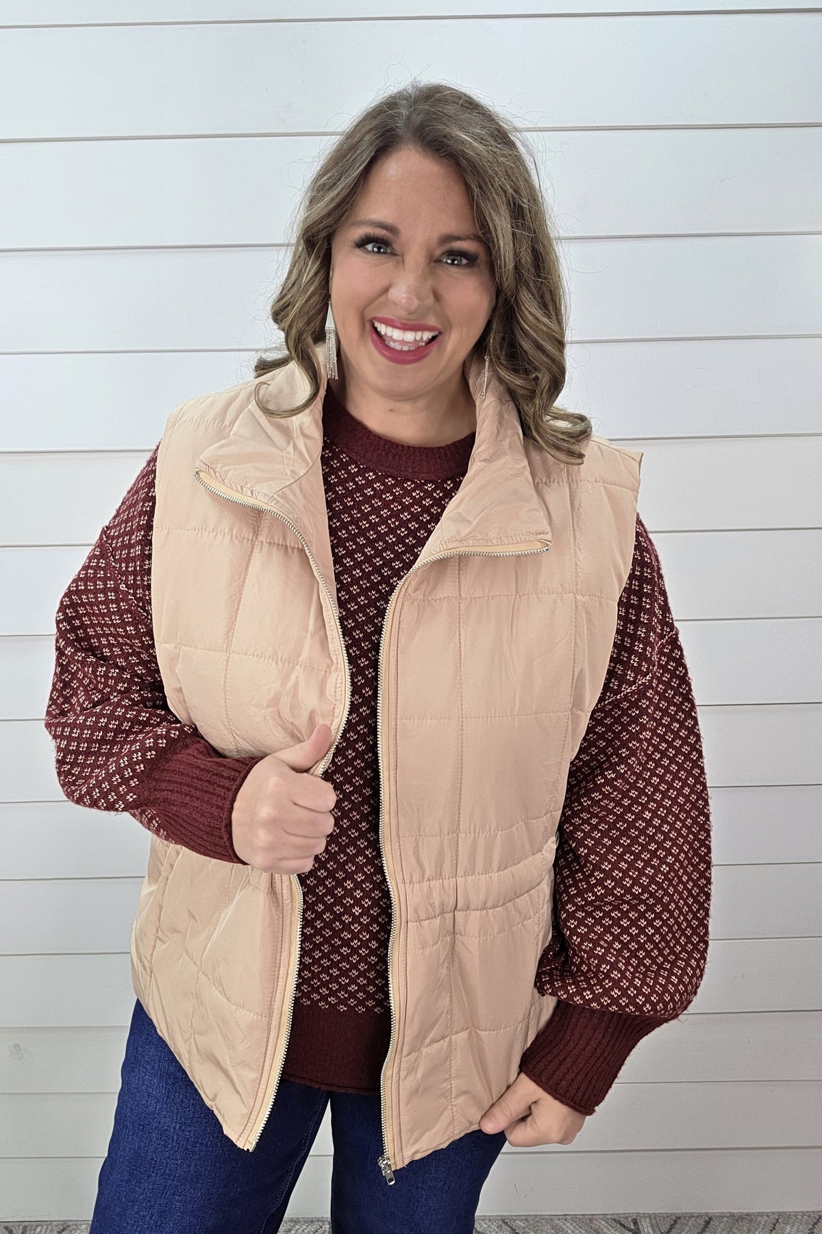 TAN FULL ZIP VEST WITH ADJUSTABLE SIDE TIES