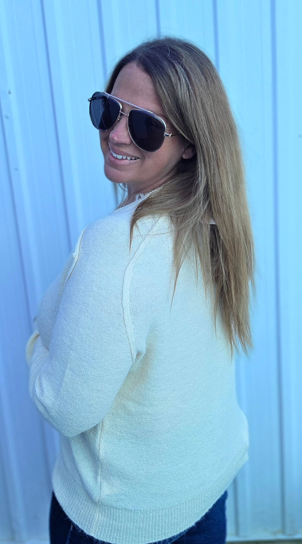 IVORY Half Buttons, Raglan Sleeve, Pullover Sweater
