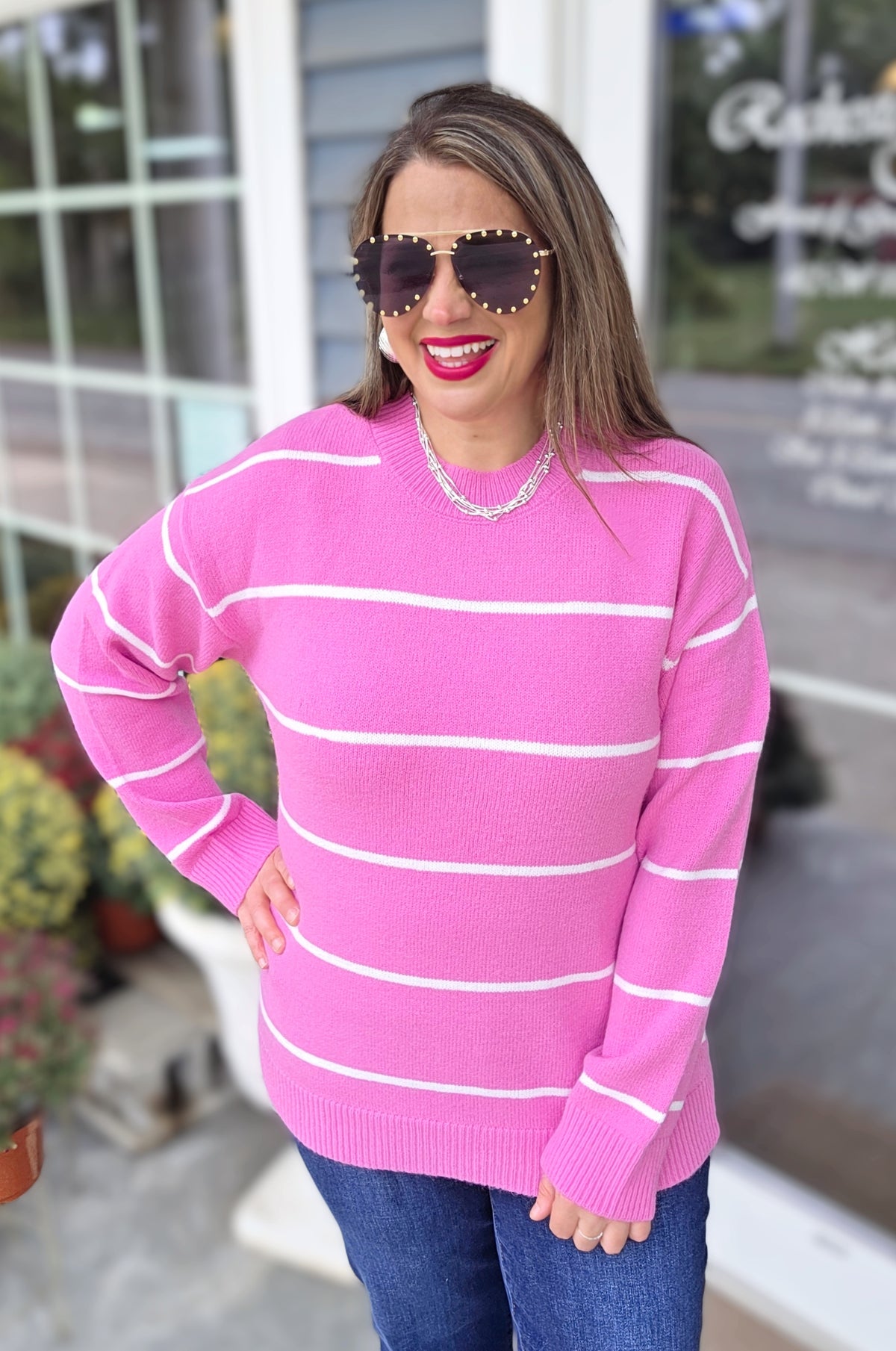 PINK/IVORY STRIPED OVERSIZED SWEATER