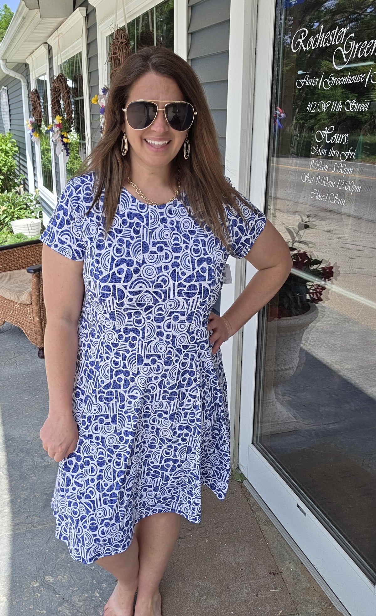 BLUE/WHITE GEO PRINTED KNIT DRESS