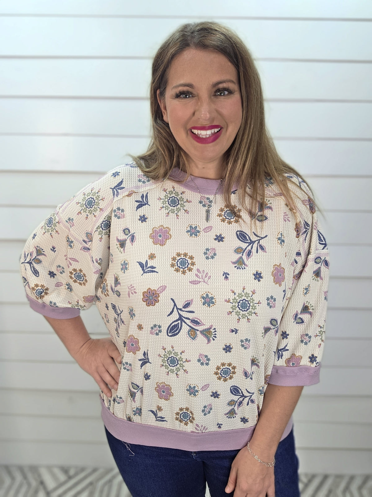 CREAM WAFFLE TEXTURE TO W/ FLORAL PRINT AND LILAC TRIM