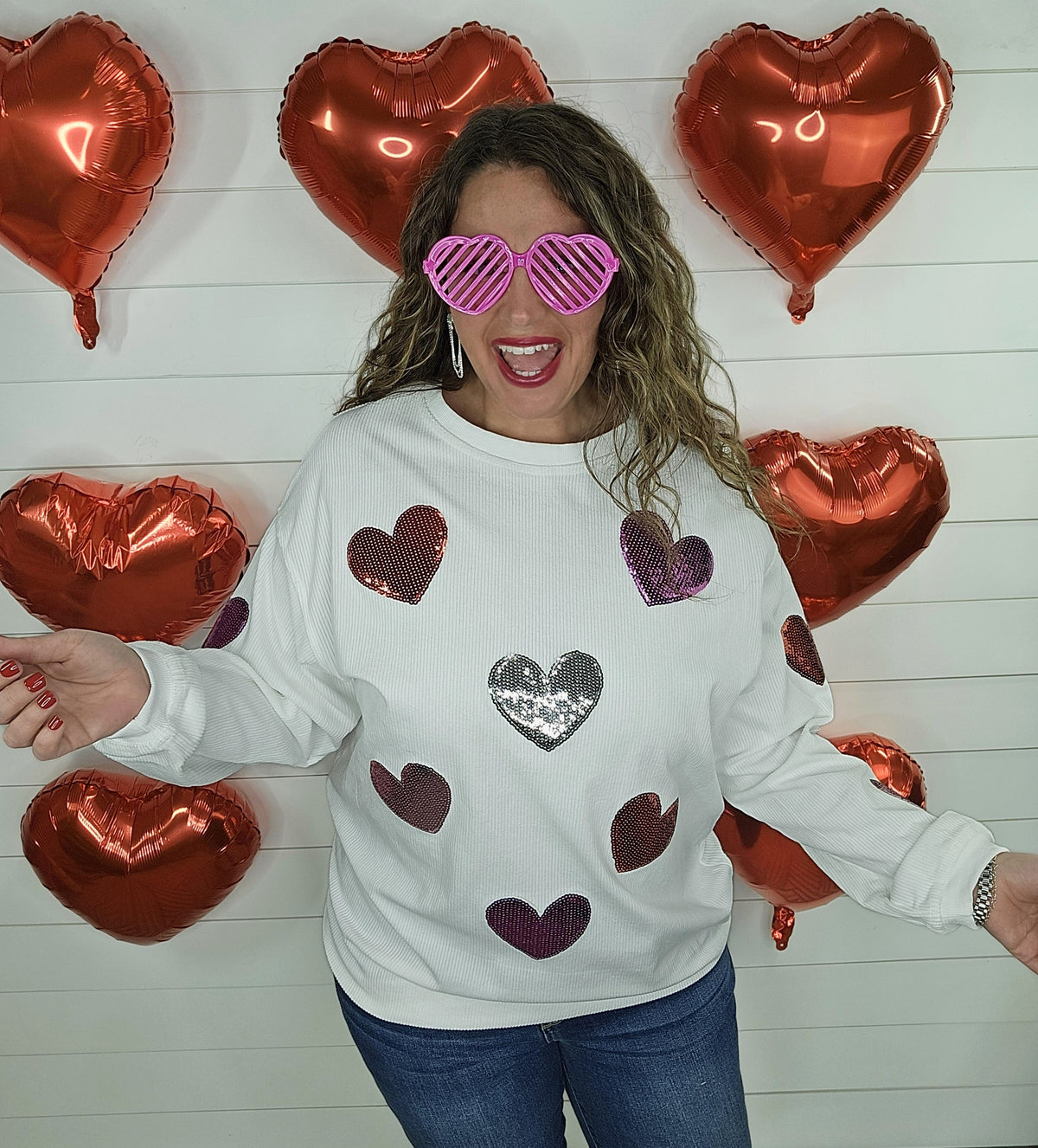 WHITE CORDED PULLOVER W/ SEQUIN HEARTS