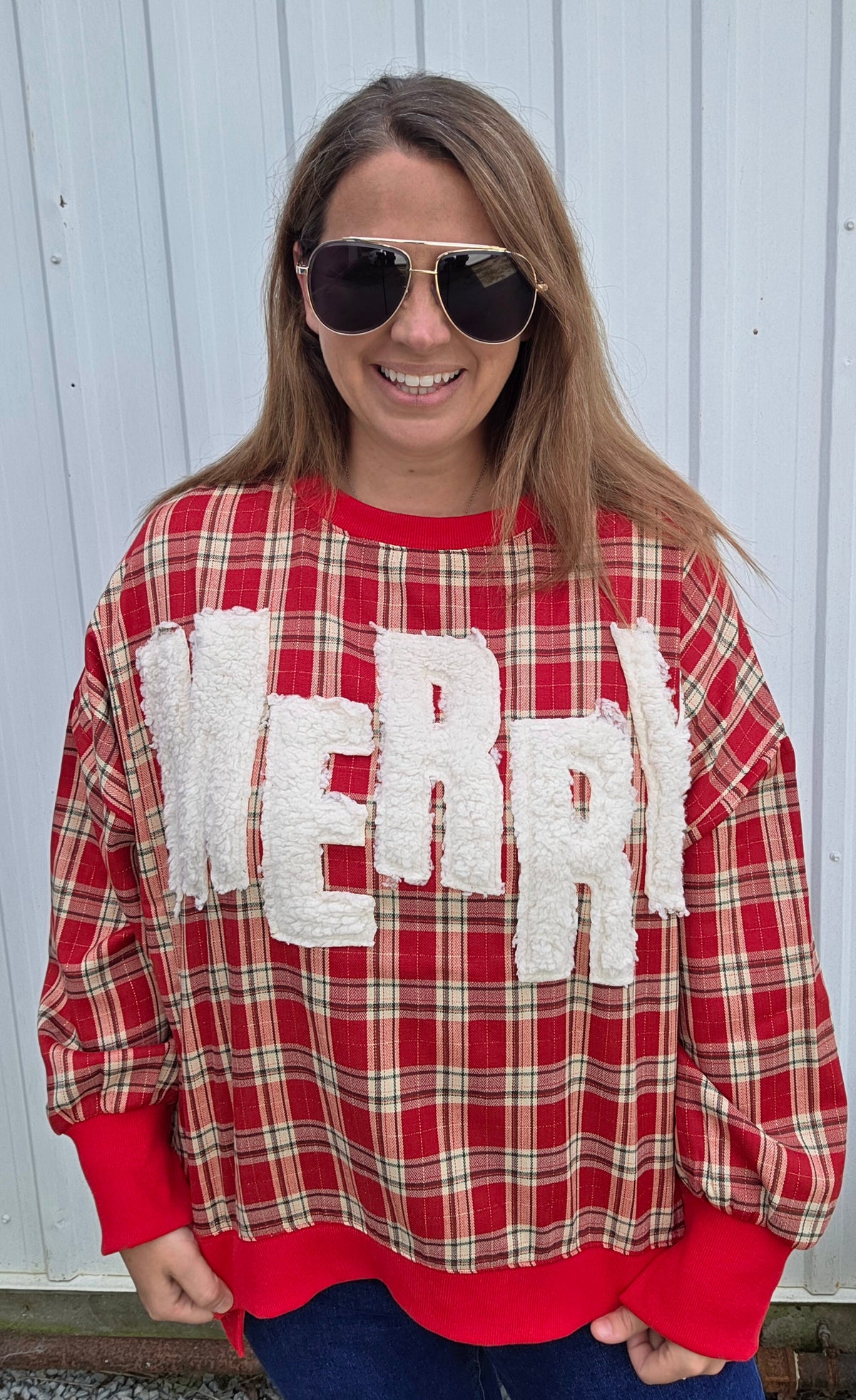 DARK RED PLAID MERRY OVERSIZED TOP