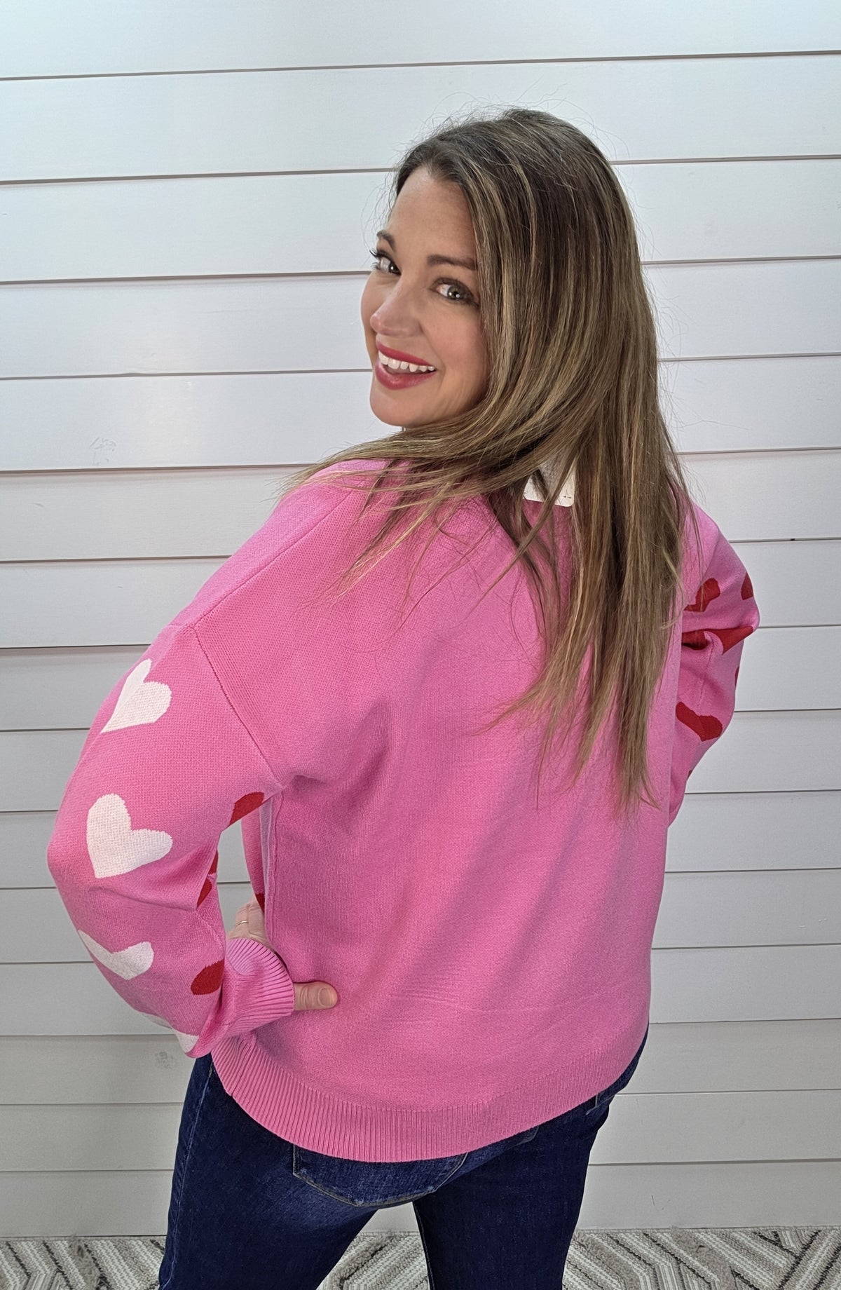 HOT PINK HEART CREW NECK SWEATER