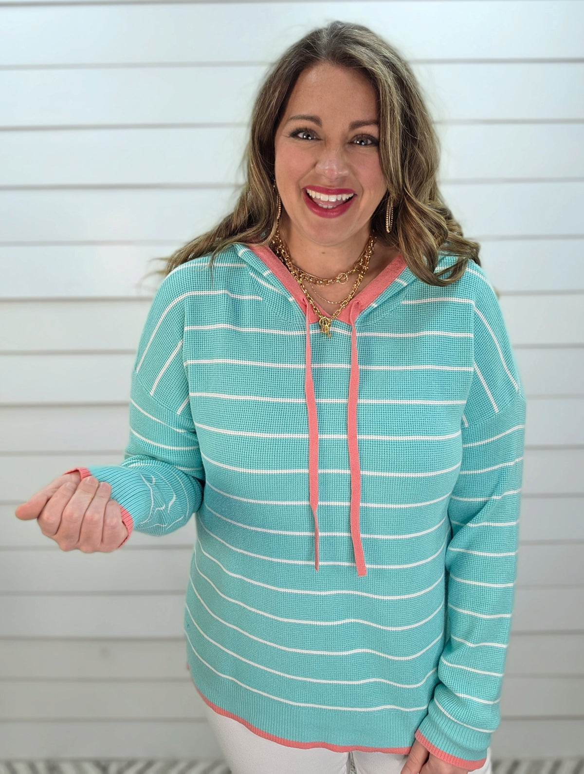 MINT/PINK WAFFLE TEXTURED PULLOVER KNIT HOODIE