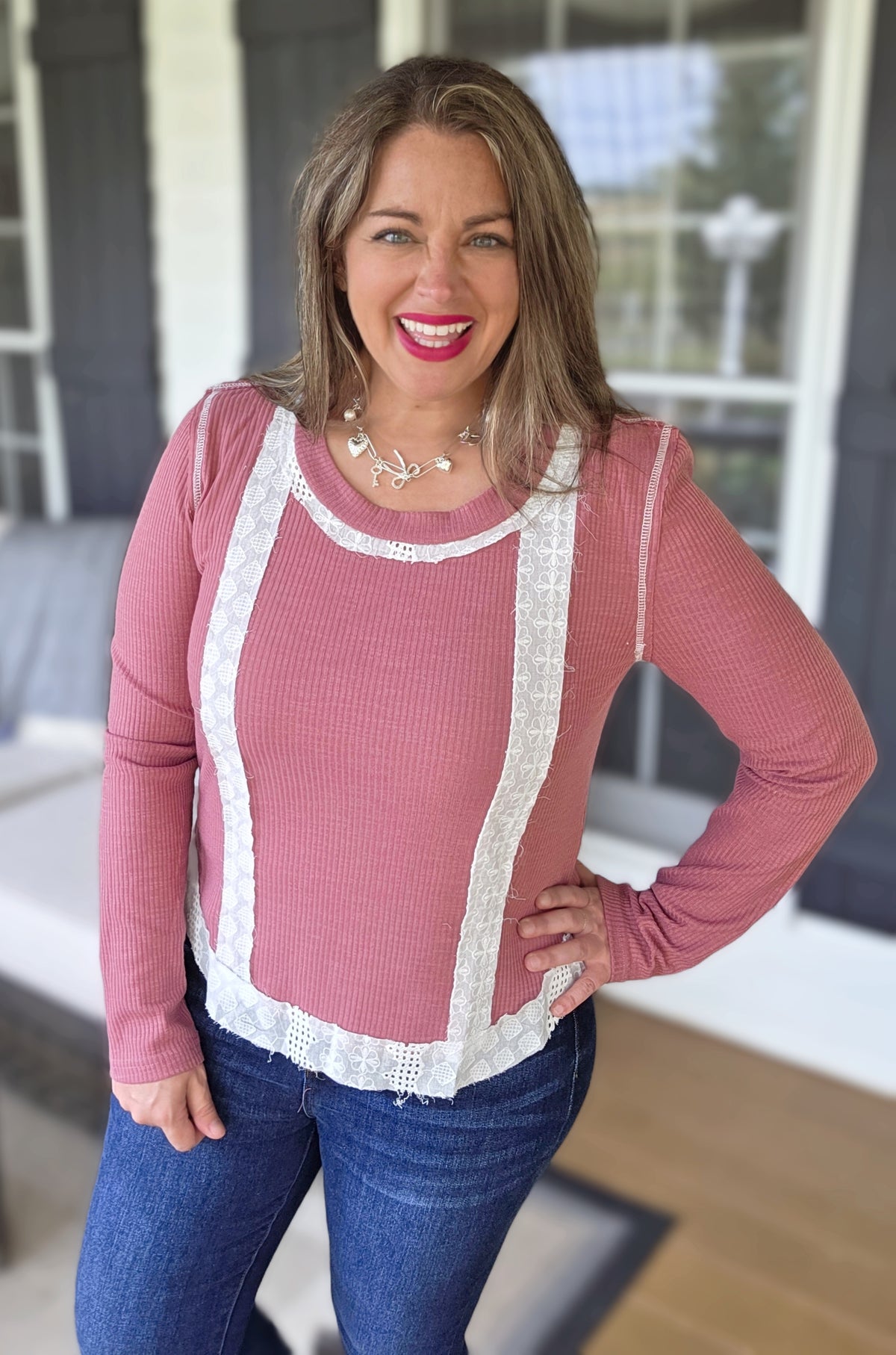 POL MAUVE PINK RIBBED/LACE TRIM KNIT TOP