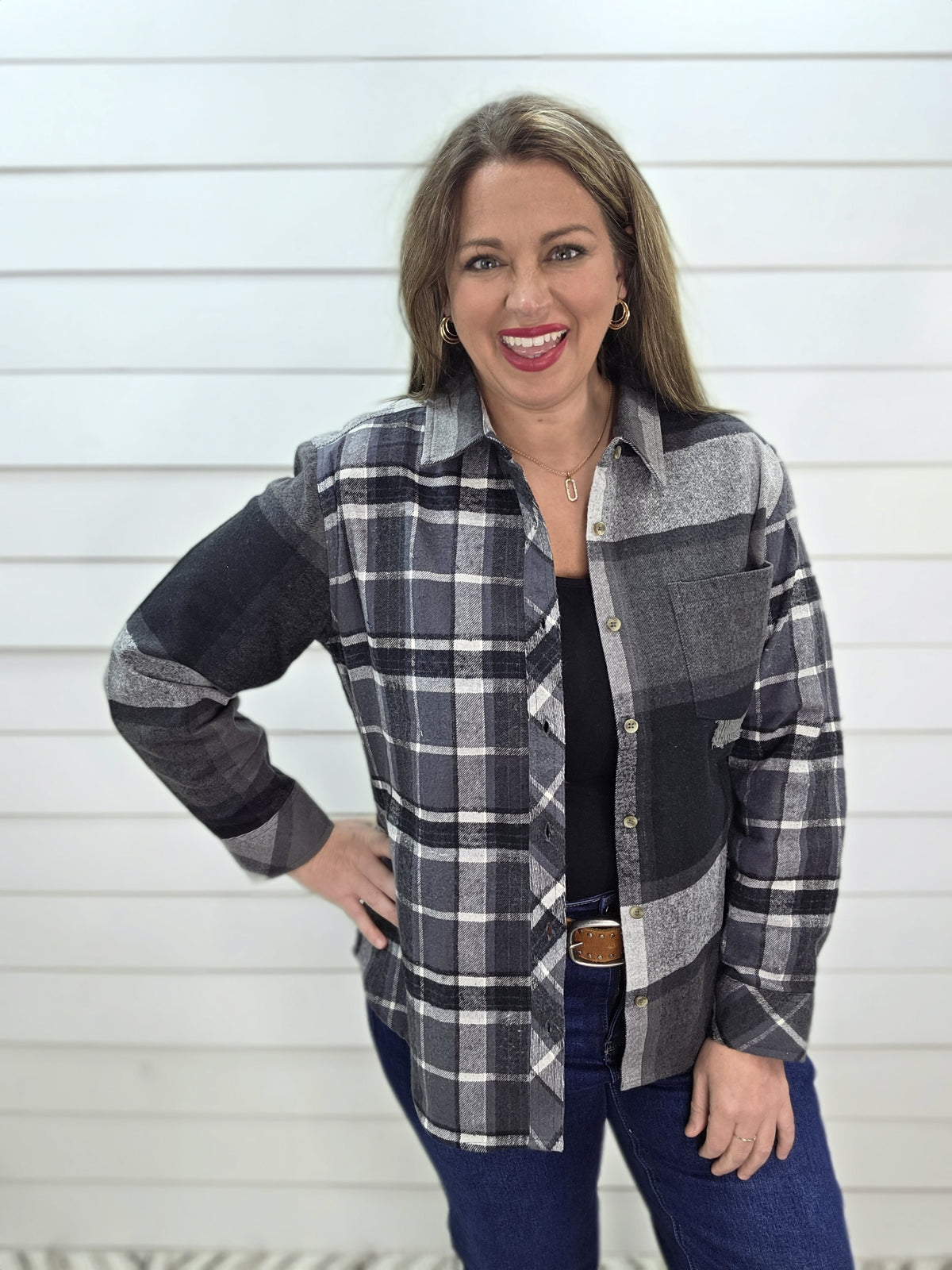 KAREN HART BLACK PLAID CONTRAST FLANNEL SHIRT