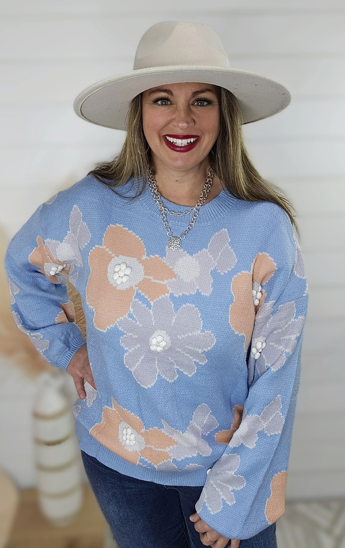 BLUE FLORAL POM POM SWEATER