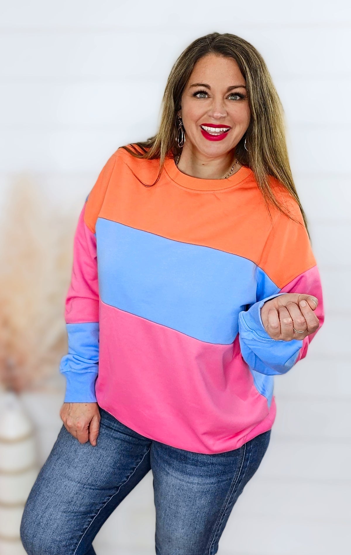 BRIGHT PINK COLORBLOCK DROP SHOUDLER PULLOVER