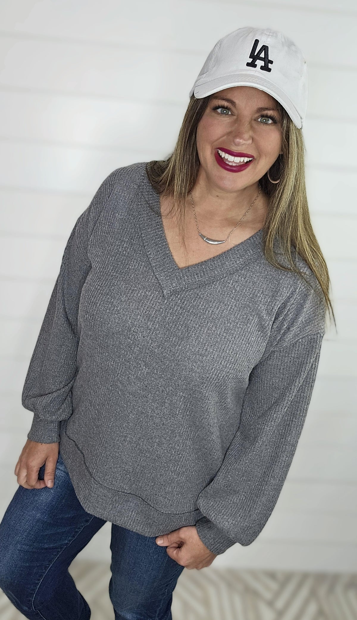 CHARCOAL BRUSHED RIBBED V NECK TOP