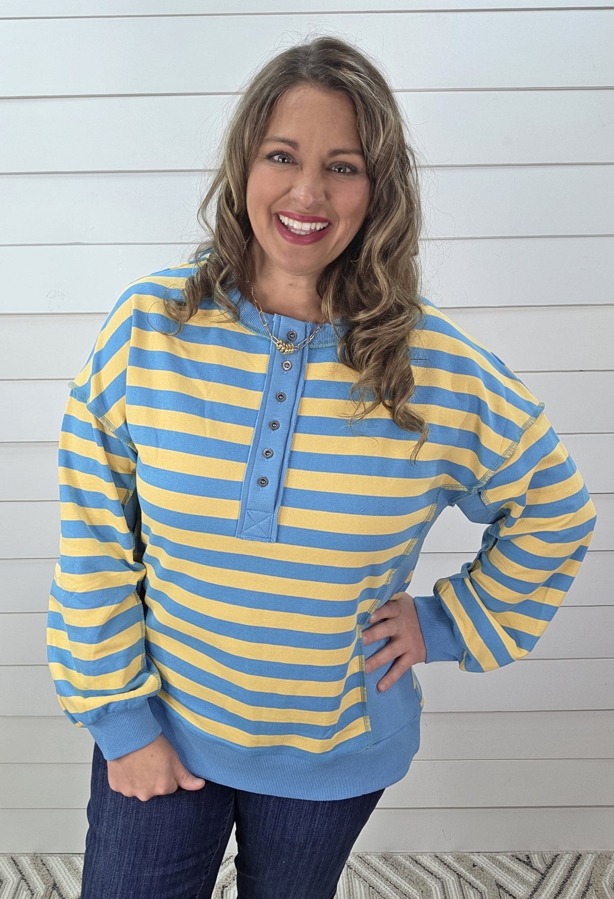 YELLOW/BLUE STRIPED FRENCH TERRY HENLEY PULLOVER