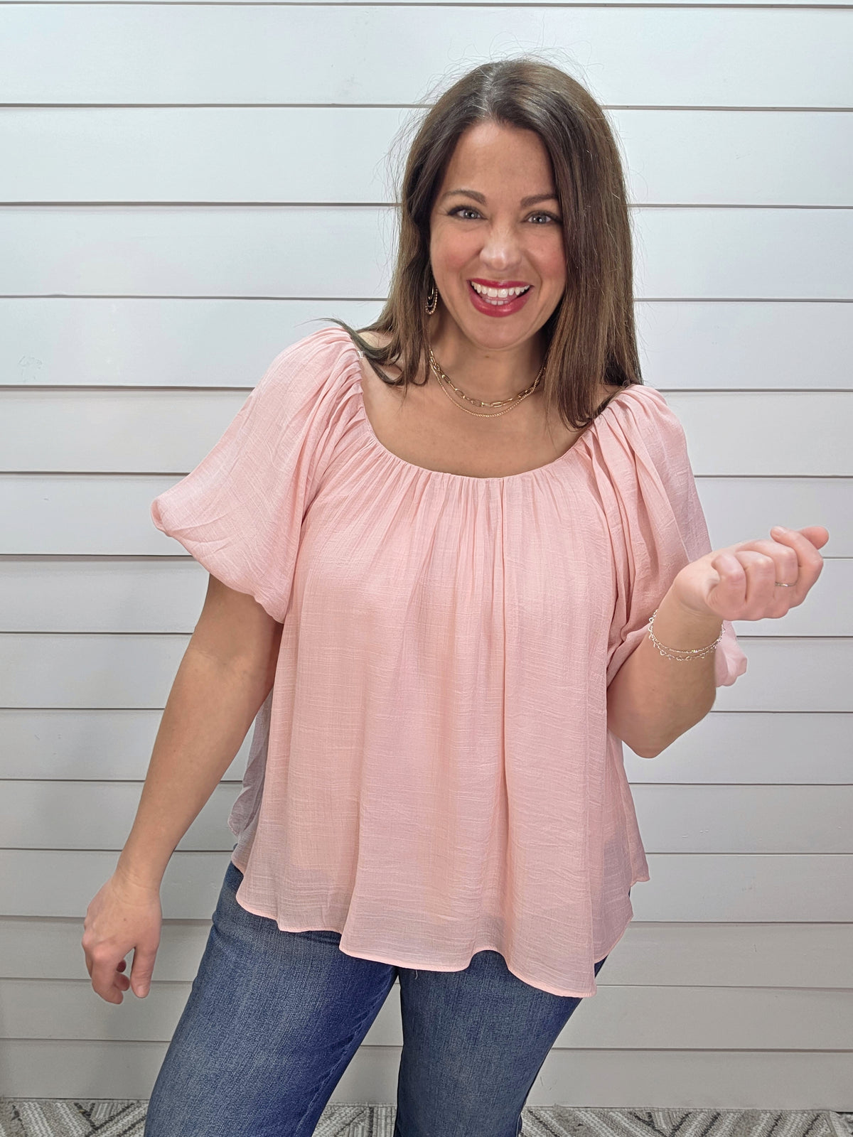 BLUSH FLOWY SCOOP NECK WOVEN TOP