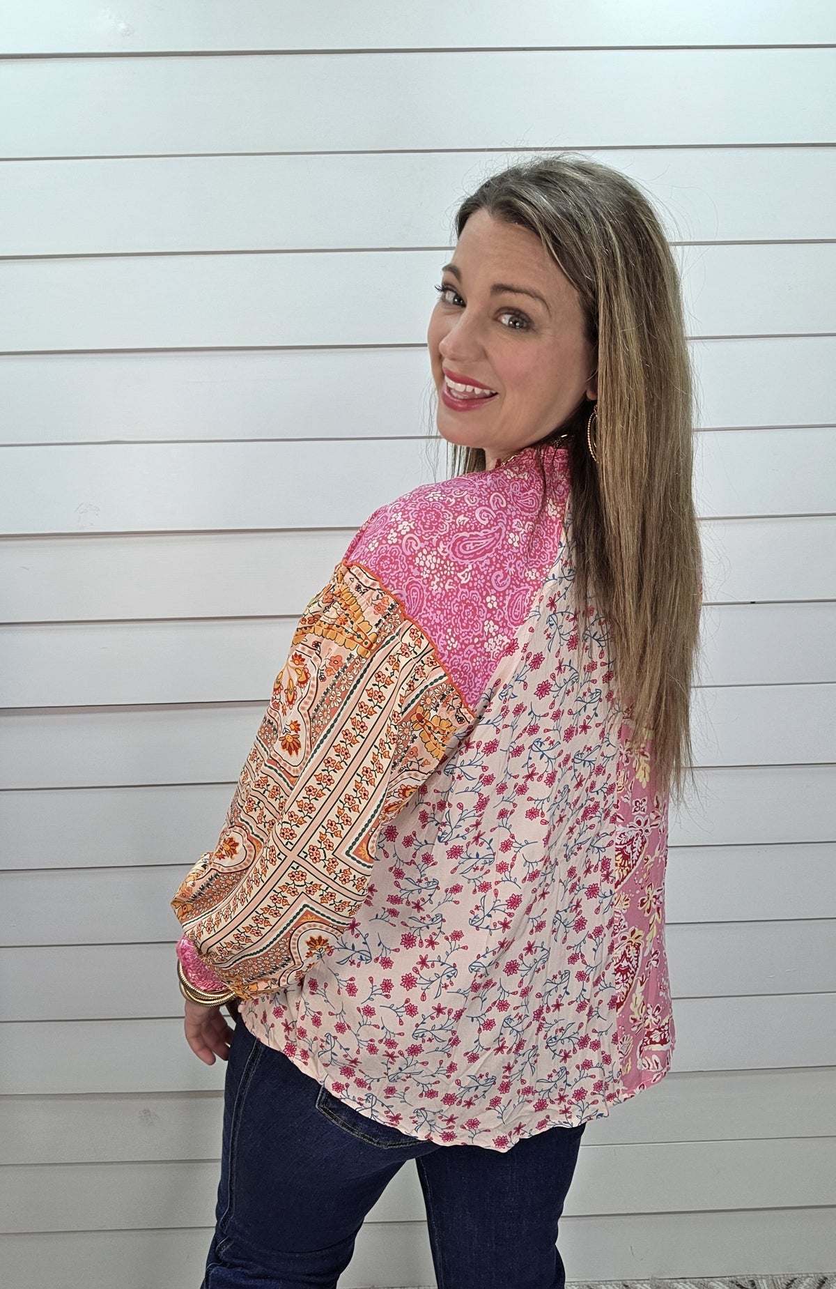 PINK MULTI CONTRAST BUTTON DOWN WOVEN TOP