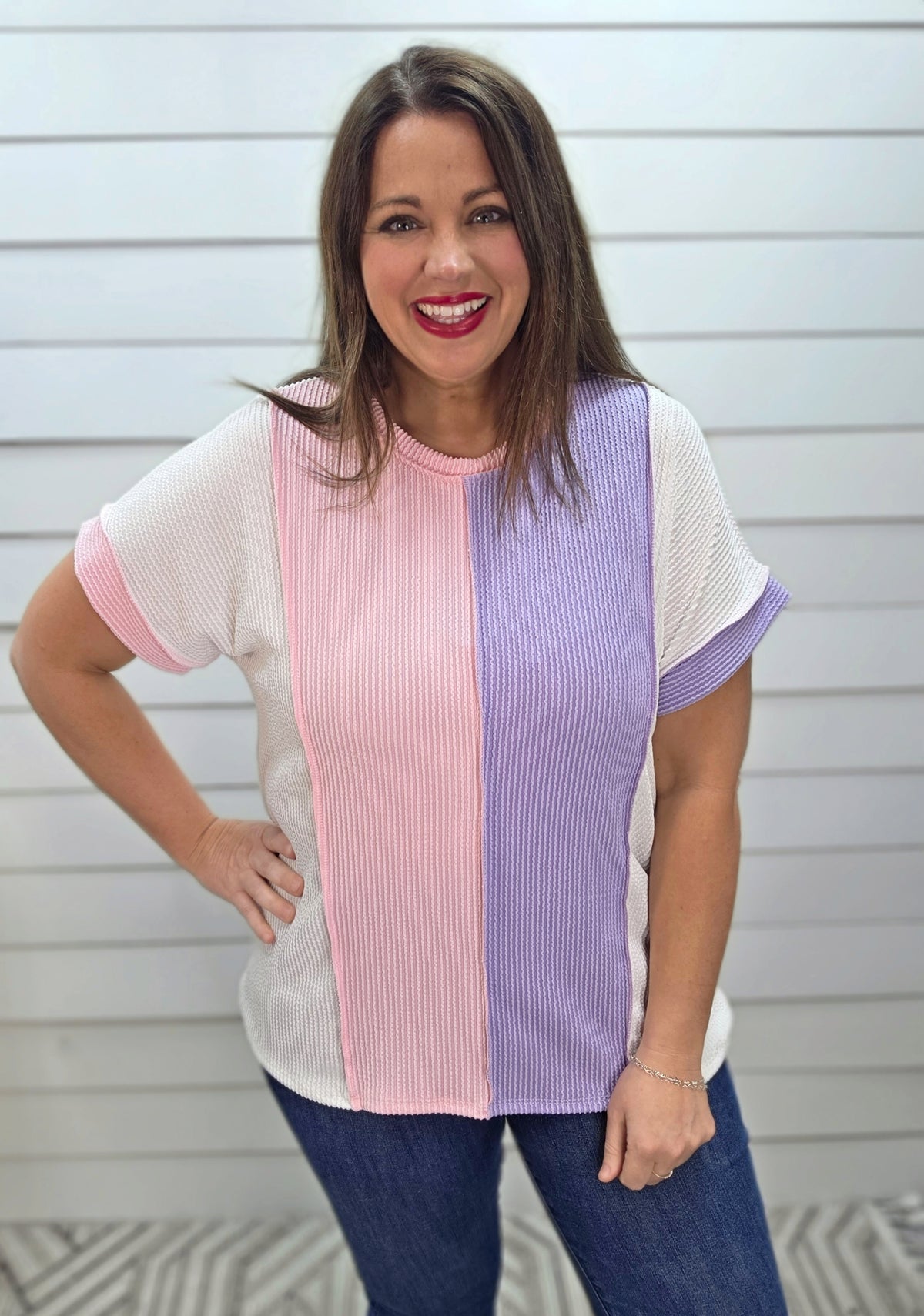IVORY/PINK/LAVENDER COLORBLOCK RAISED RIBBED KNIT TOP