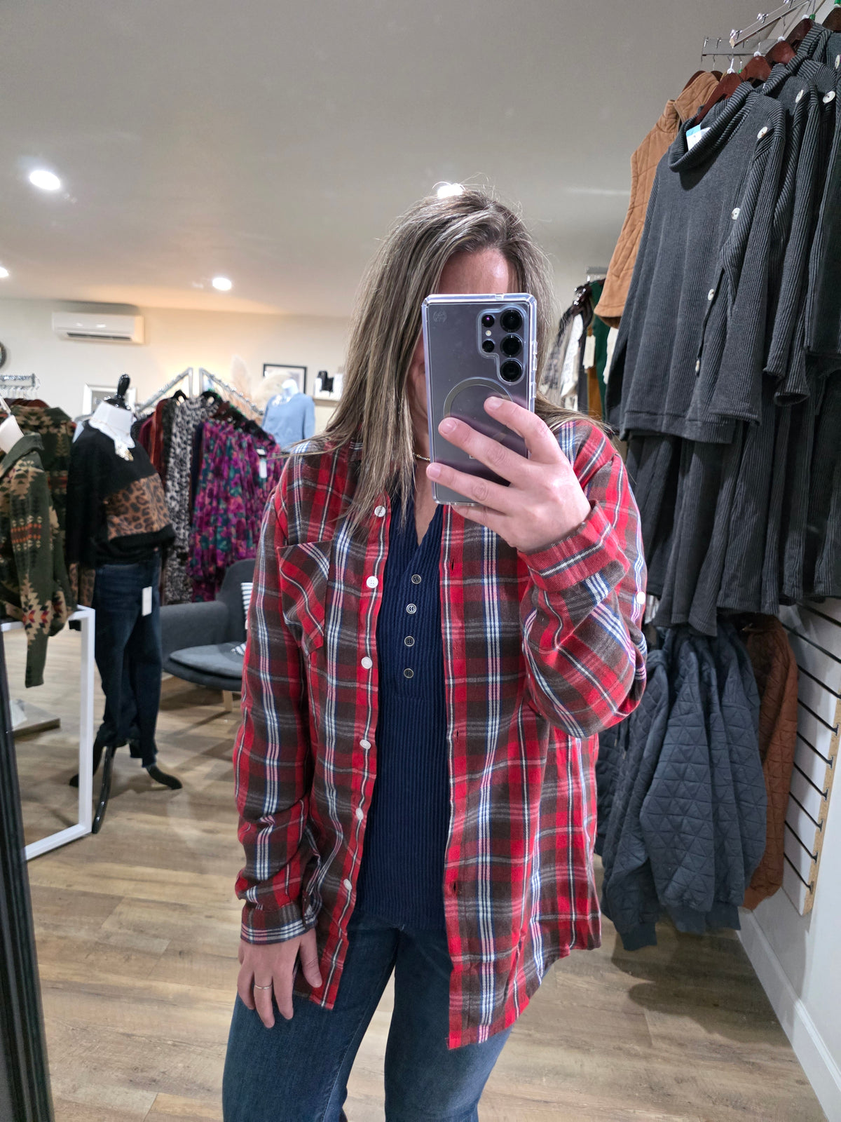 RED CHECK PLAID BUTTON DOWN FLANNEL