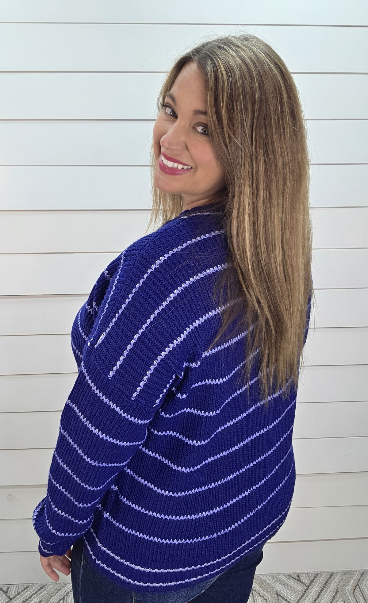 NAVY Texture Striped, Long Sleeve, Loose Fit, Crew Neck Sweater
