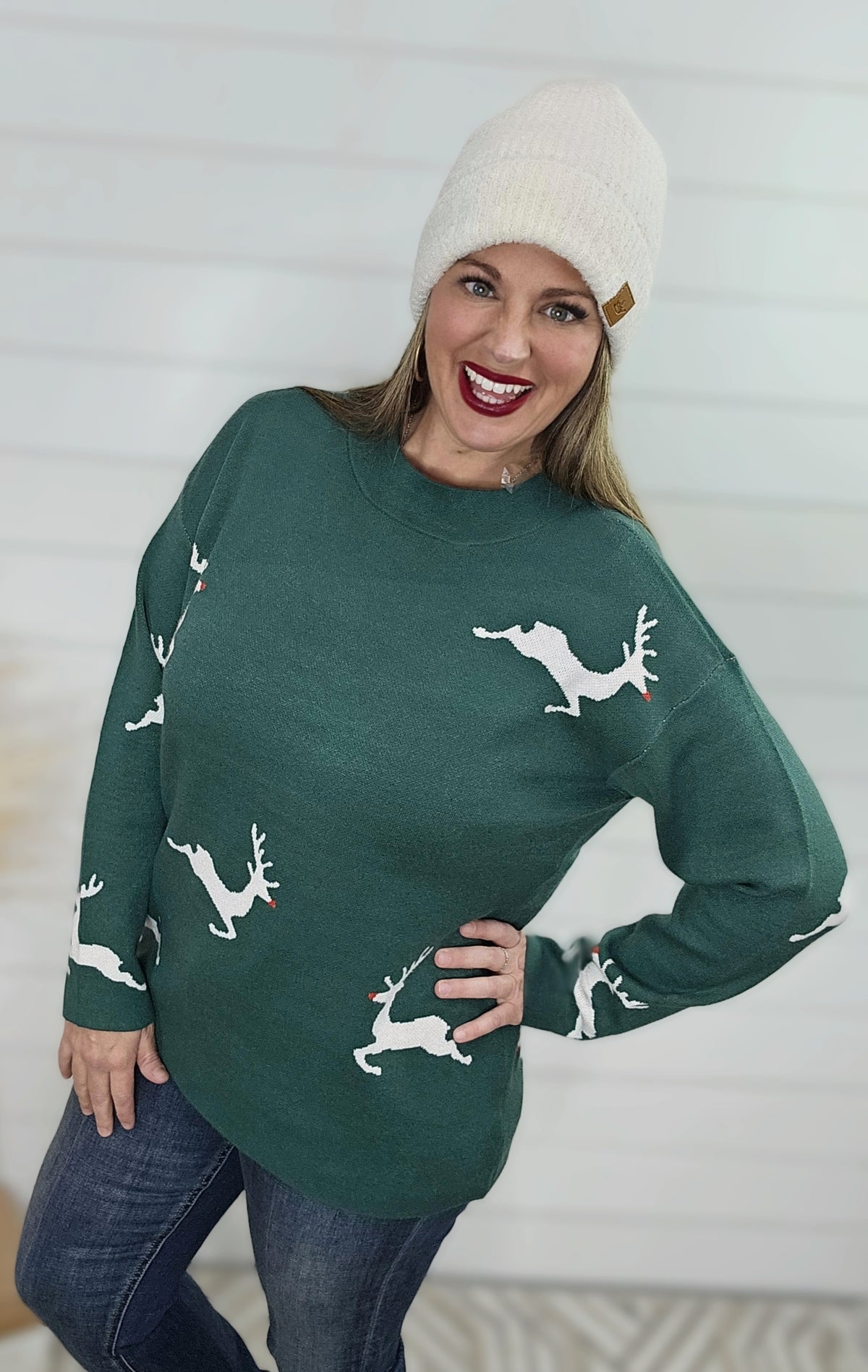 GREEN MOCK NECK REINDEER SWEATER