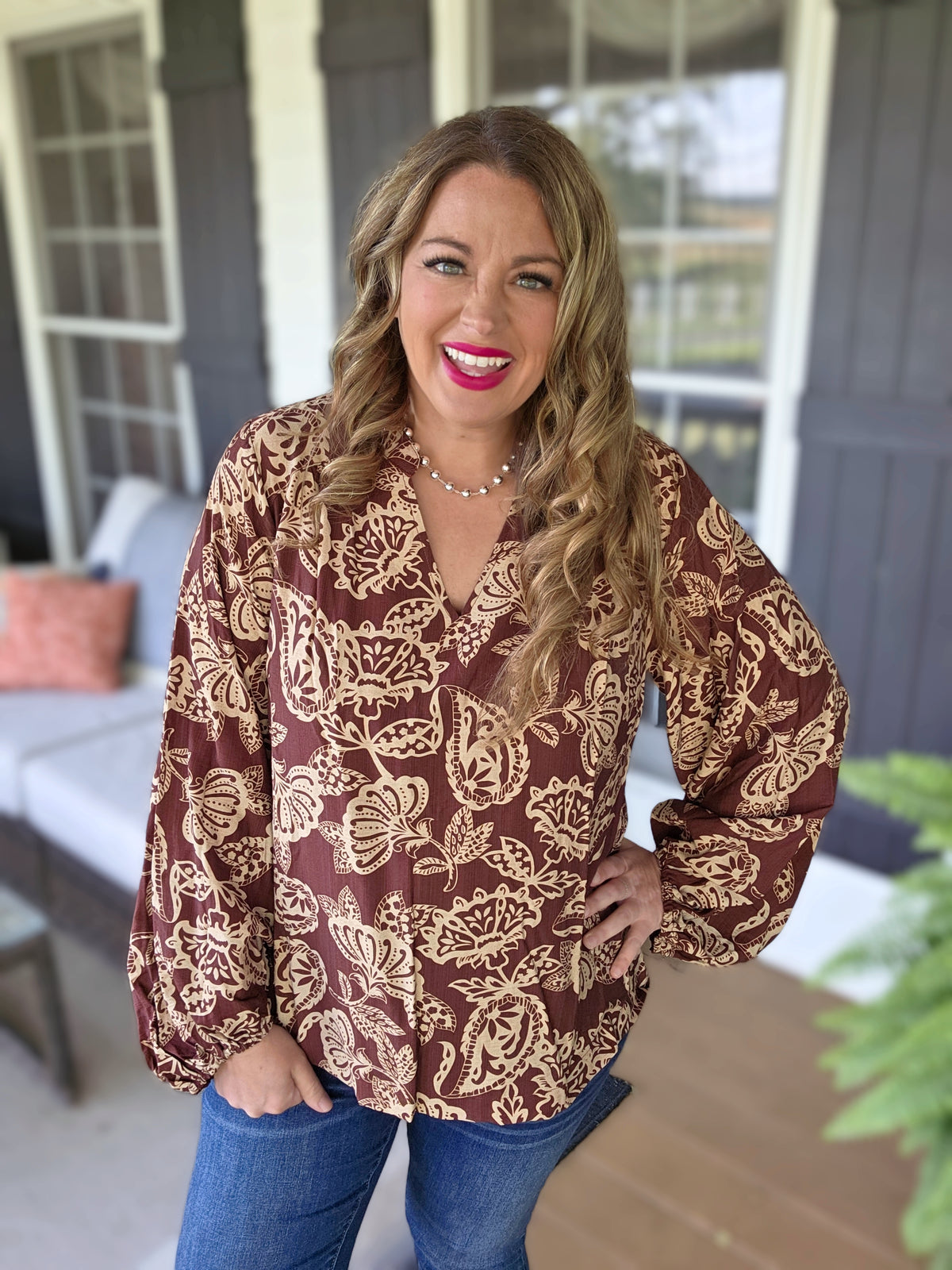BROWN FLORAL V NECK WOVEN TOP