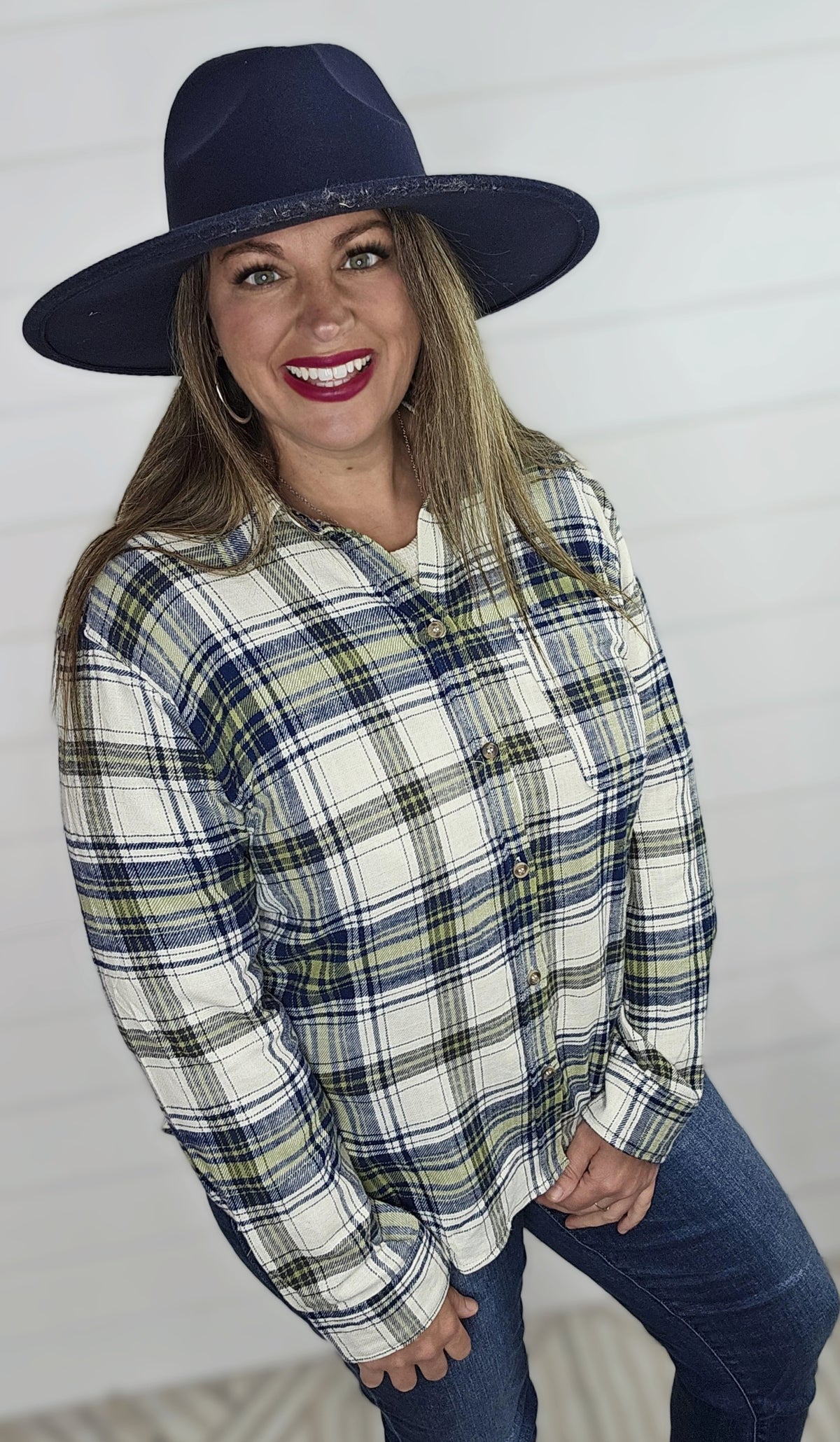 NAVY/GREEN PLAID BUTTON DOWN FLANNEL