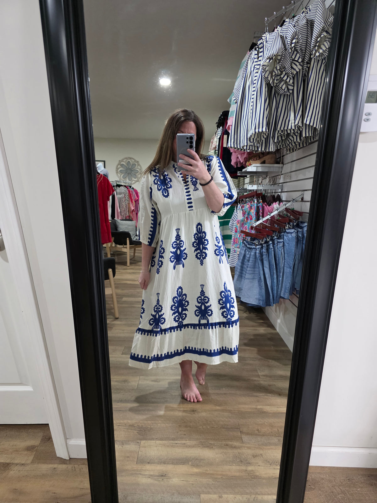 CREAM/BLUE ABRACT PRINT LONG DRESS Brooch Boutique CREAM/BLUE ABRACT PRINT LONG DRESS Brooch Boutique