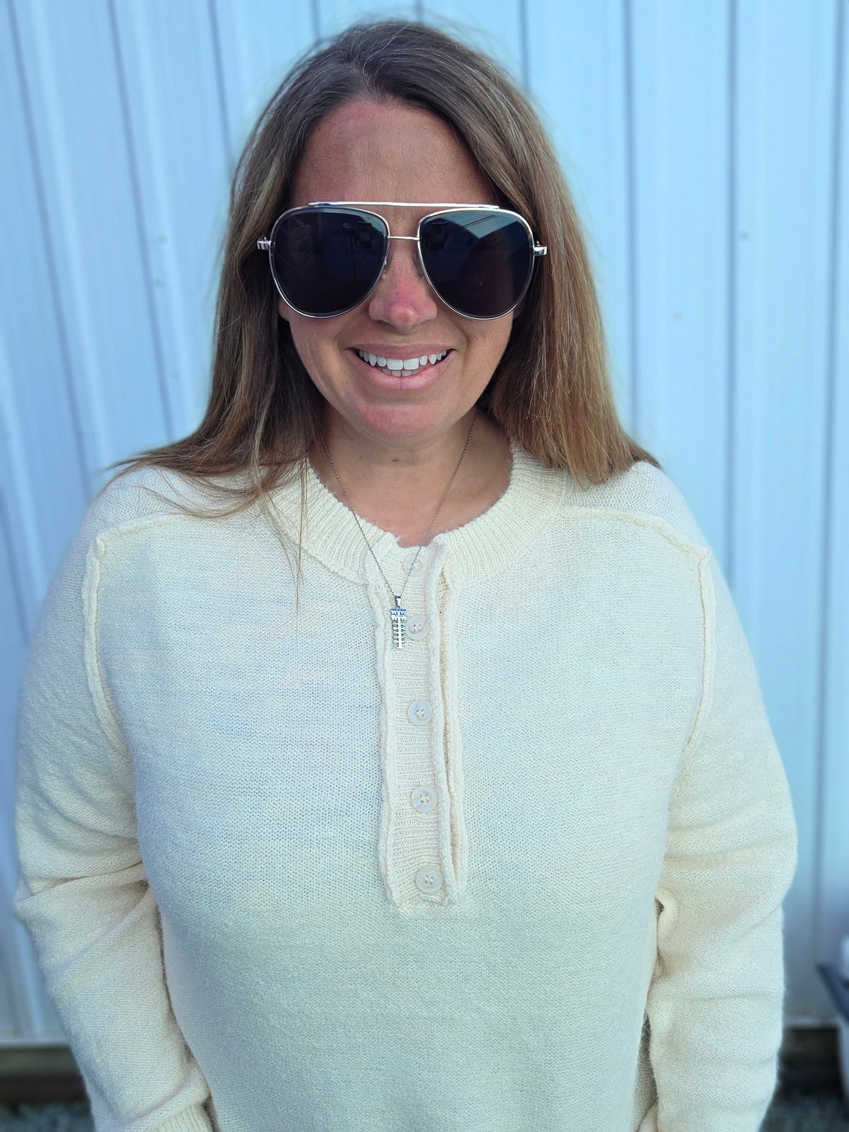 IVORY Half Buttons, Raglan Sleeve, Pullover Sweater