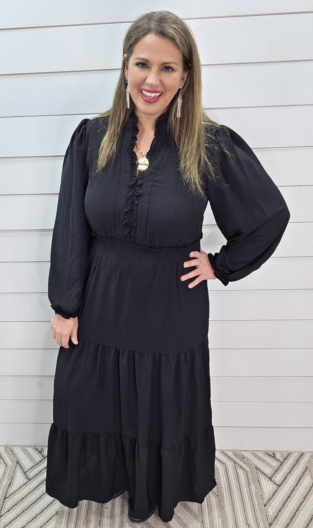 BLACK LONG WOVEN V NECK TIERED DRESS