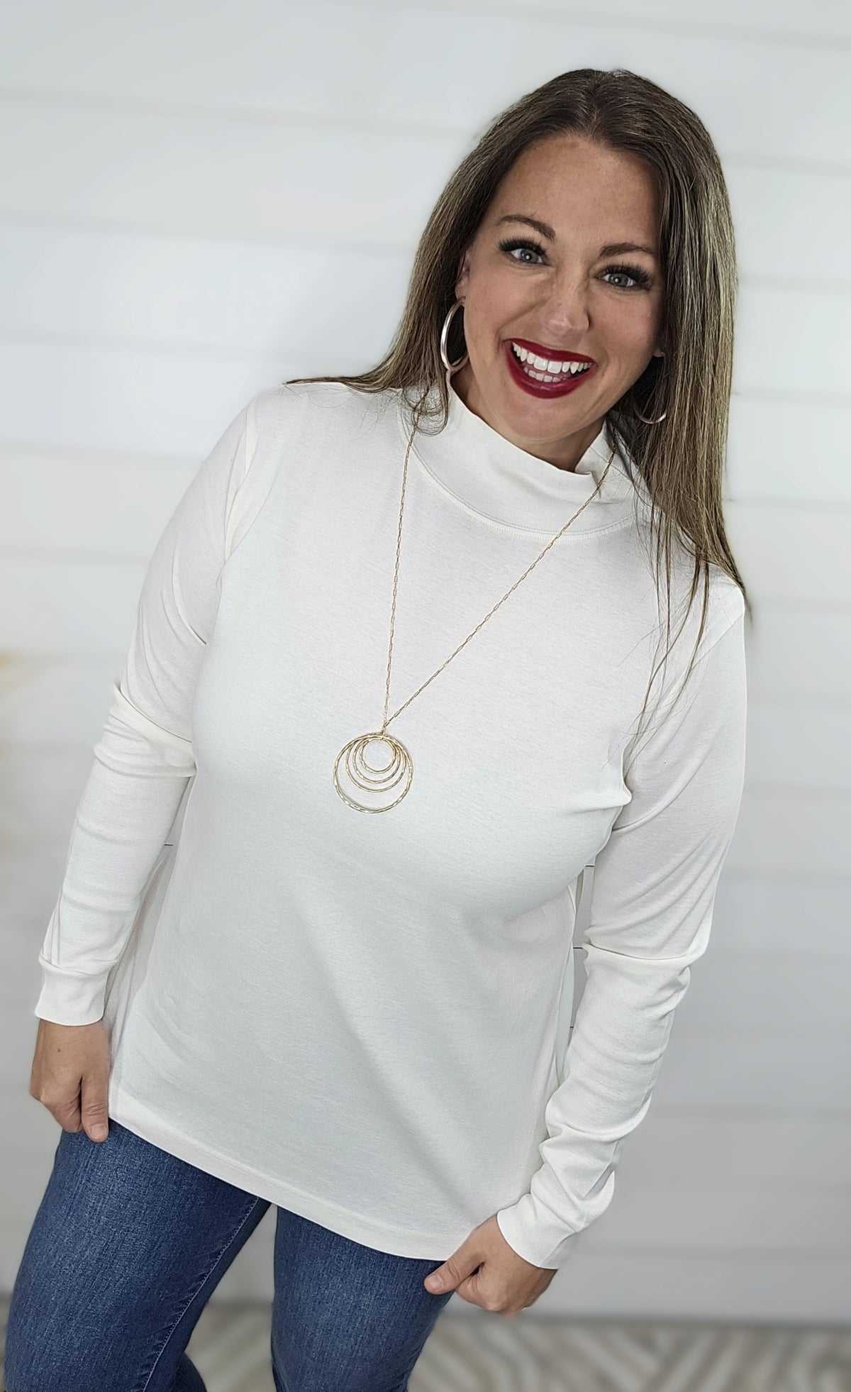 KAREN HART IVORY MOCK NECK COTTON TOP