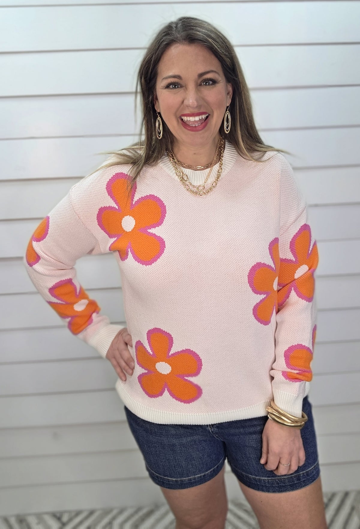 CREAM/ORANGE FLORAL KNIT SWEATER