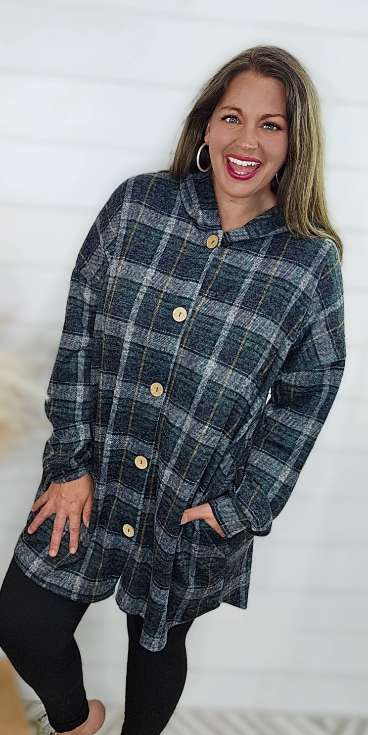 HUNTER GREEN PLAID BUTTON DOWN HOODED TUNIC