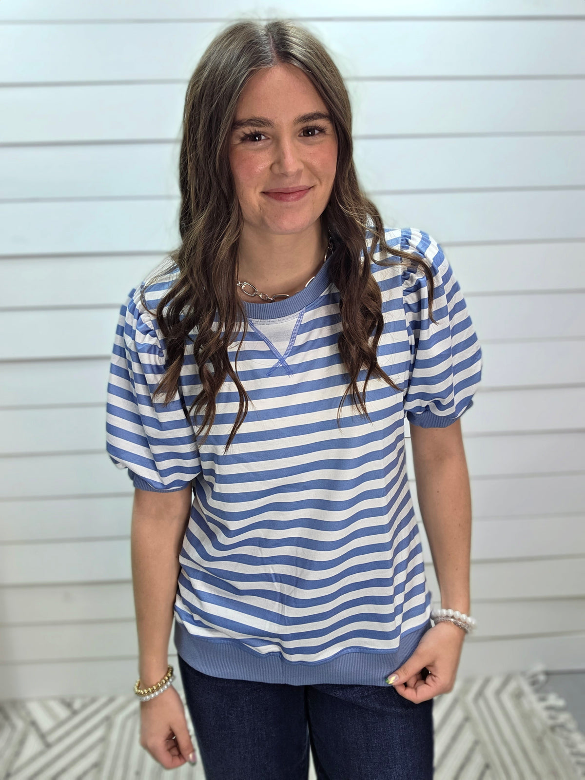 BLUE/WHITE STRIPED KNIT TOP W/ PUFF SLEEVE